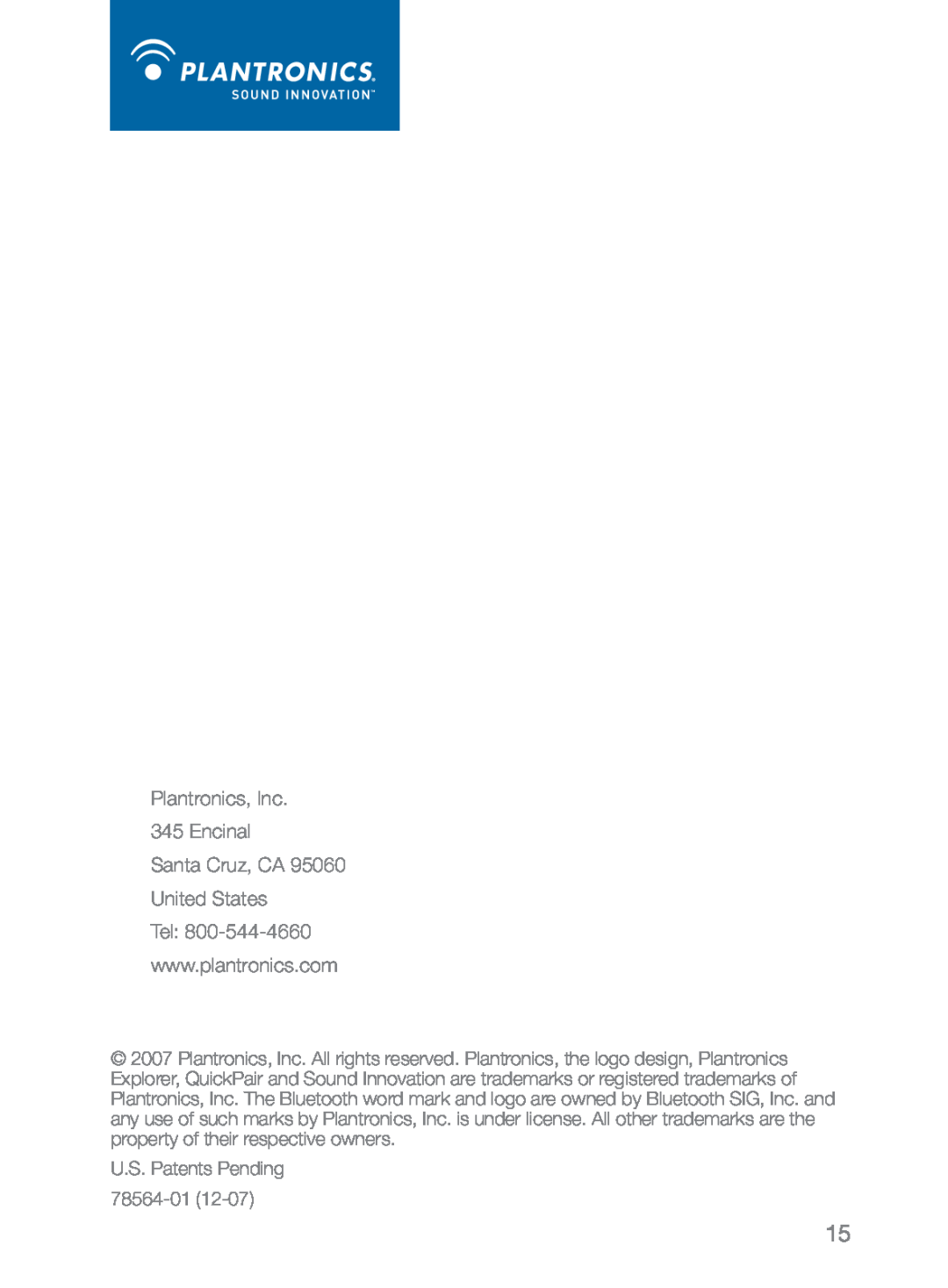 Plantronics 360 manual Plantronics, Inc 345 Encinal Santa Cruz, CA 95060 United States, U.S. Patents Pending 78564-01 