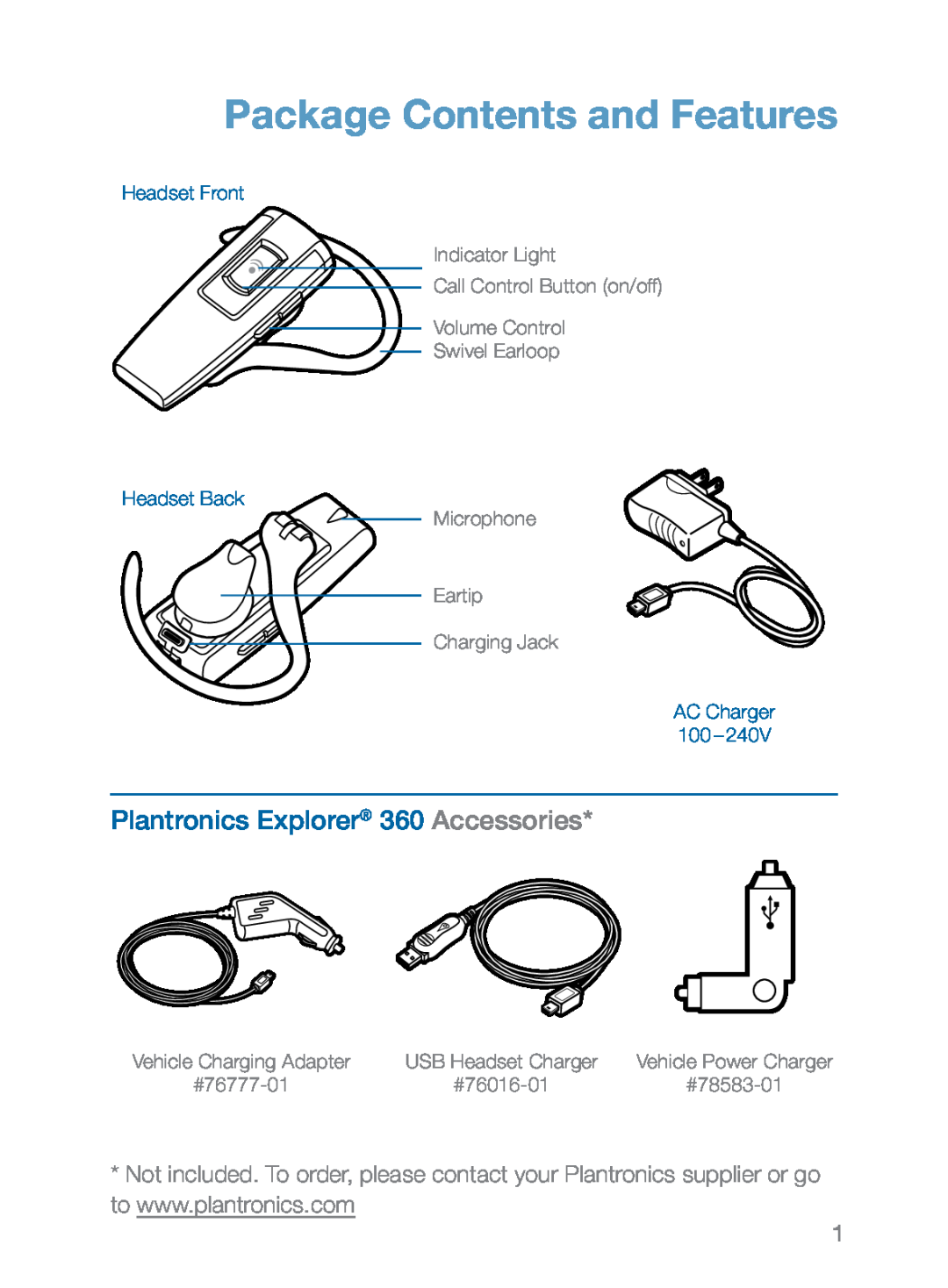 Plantronics manual Package Contents and Features, Plantronics Explorer 360 Accessories, Vehicle Charging Adapter 