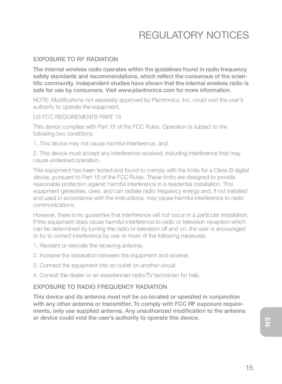 Plantronics 370 manual Regulatory Notices 