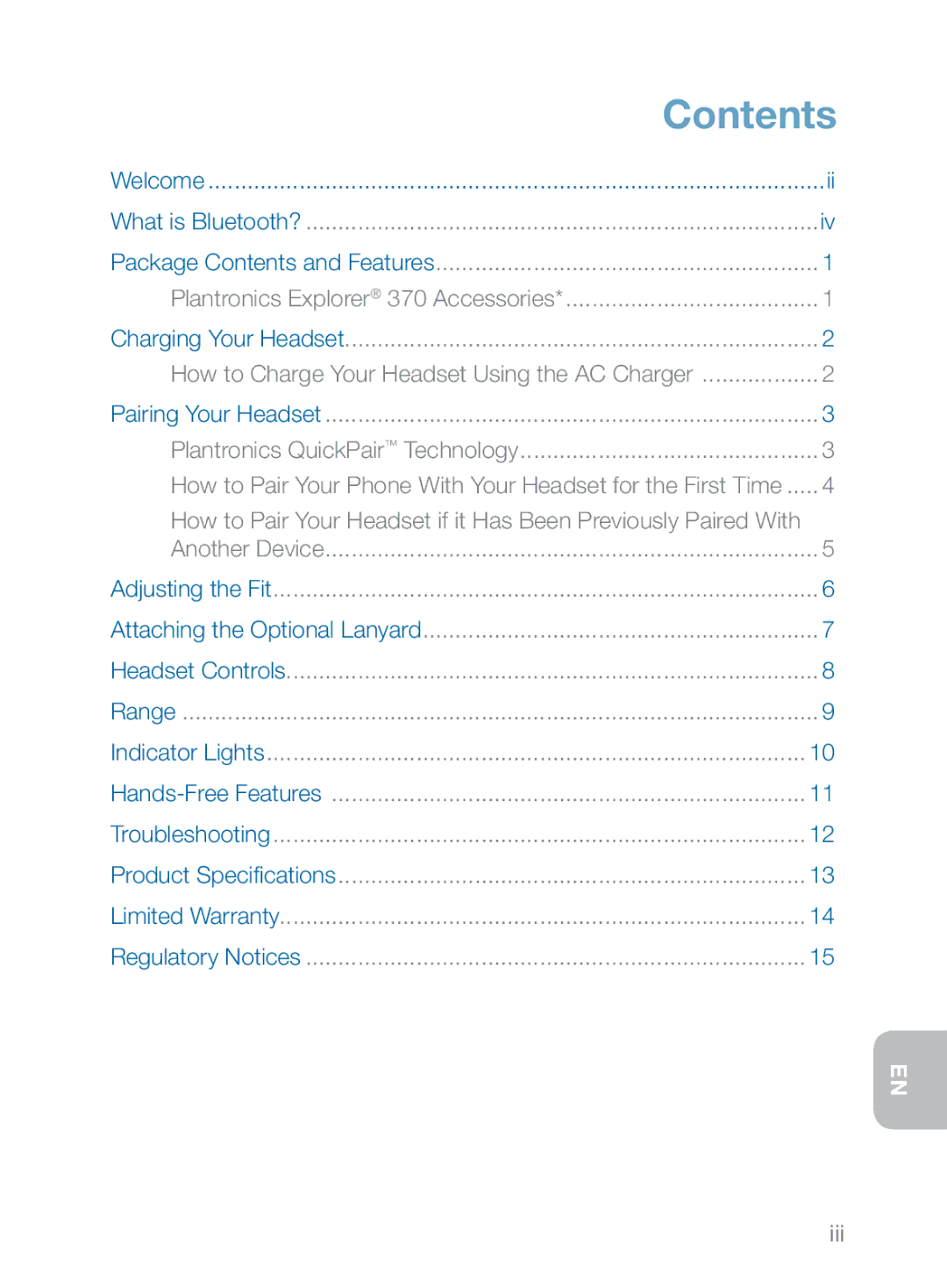 Plantronics 370 manual Contents 