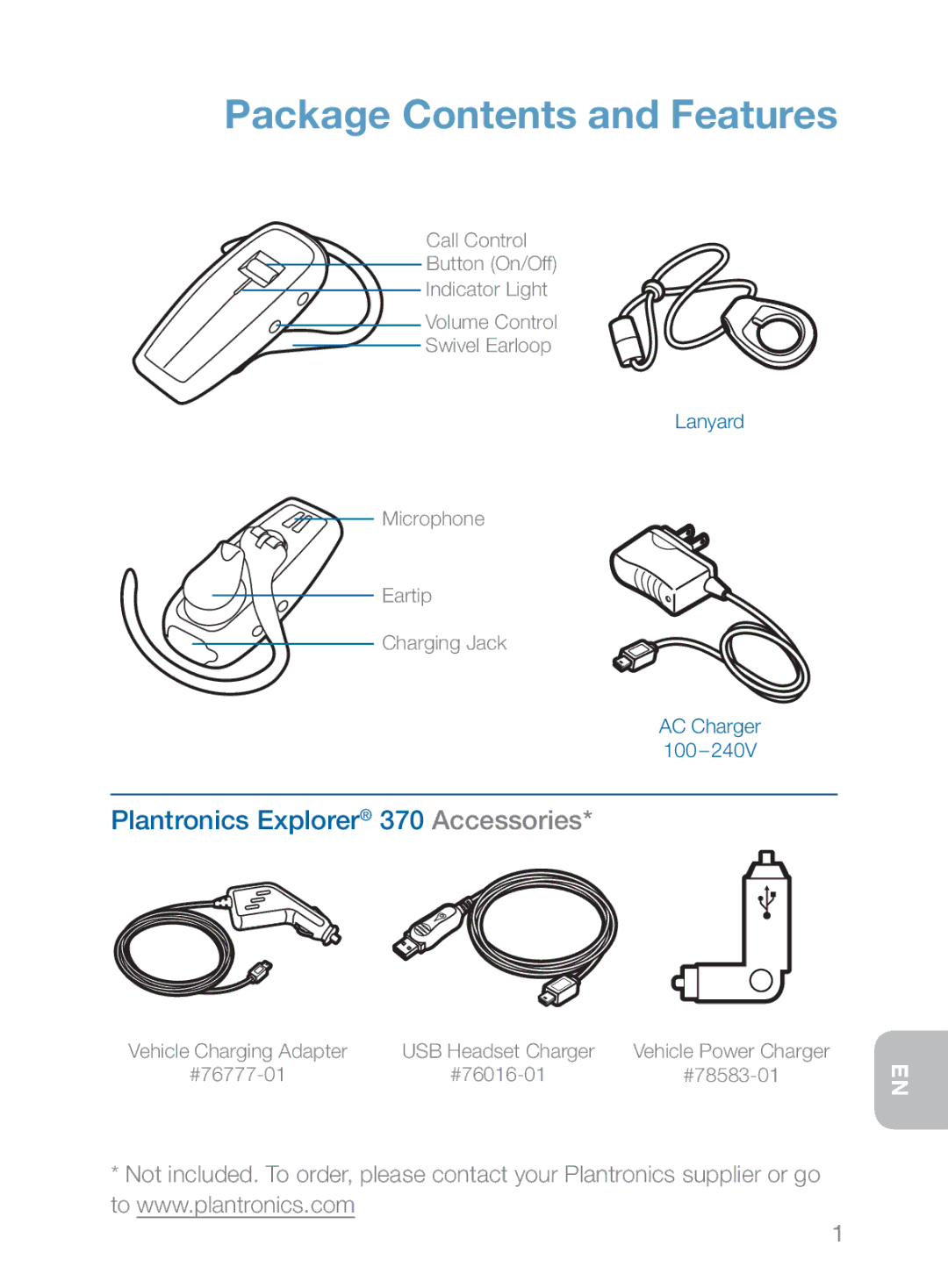 Plantronics 370 manual Package Contents and Features 