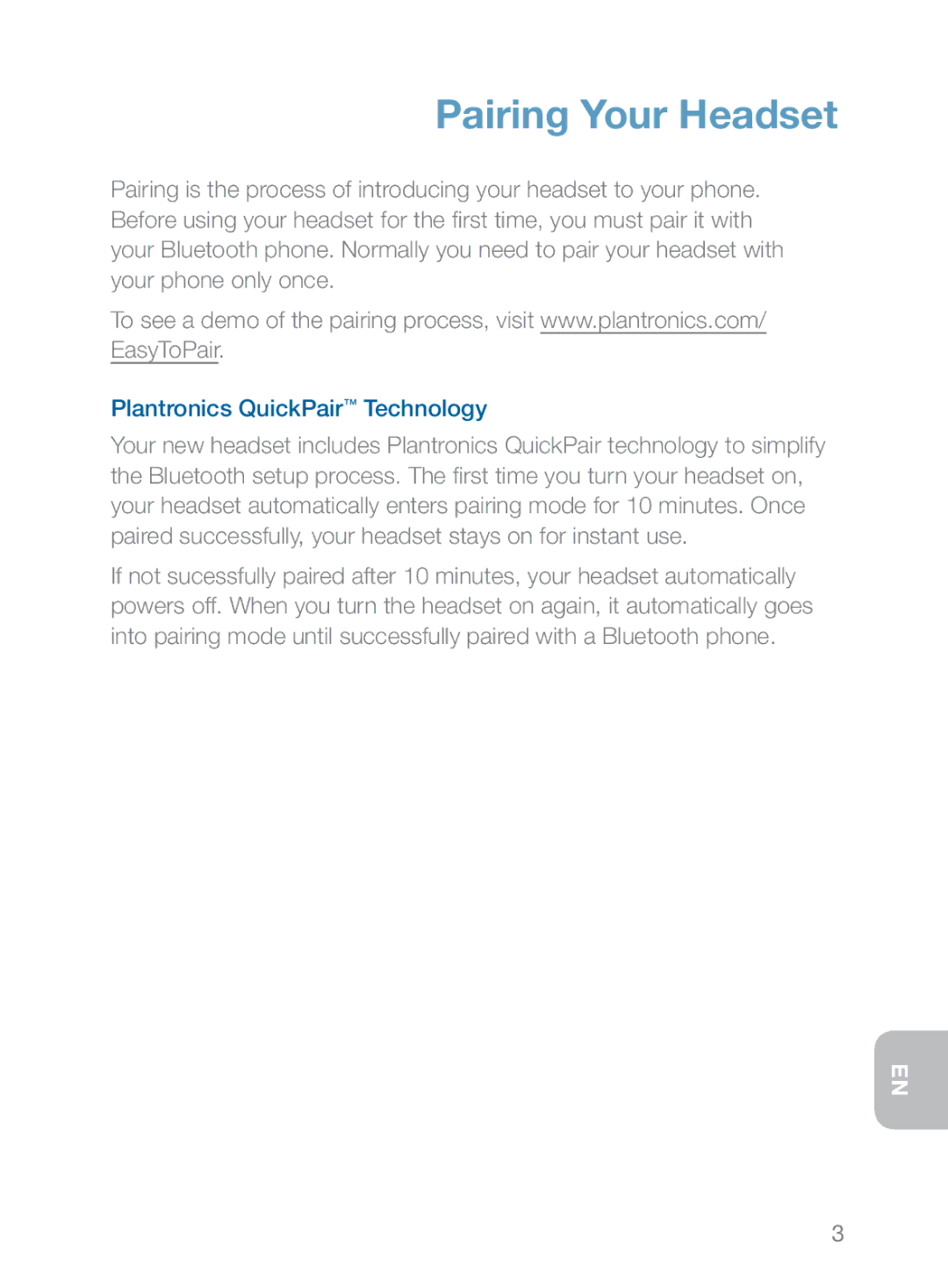 Plantronics 370 manual Pairing Your Headset, Plantronics QuickPair Technology 