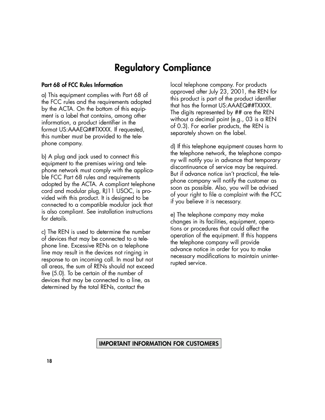 Plantronics 435 manual Regulatory Compliance, Part 68 of FCC Rules Information 