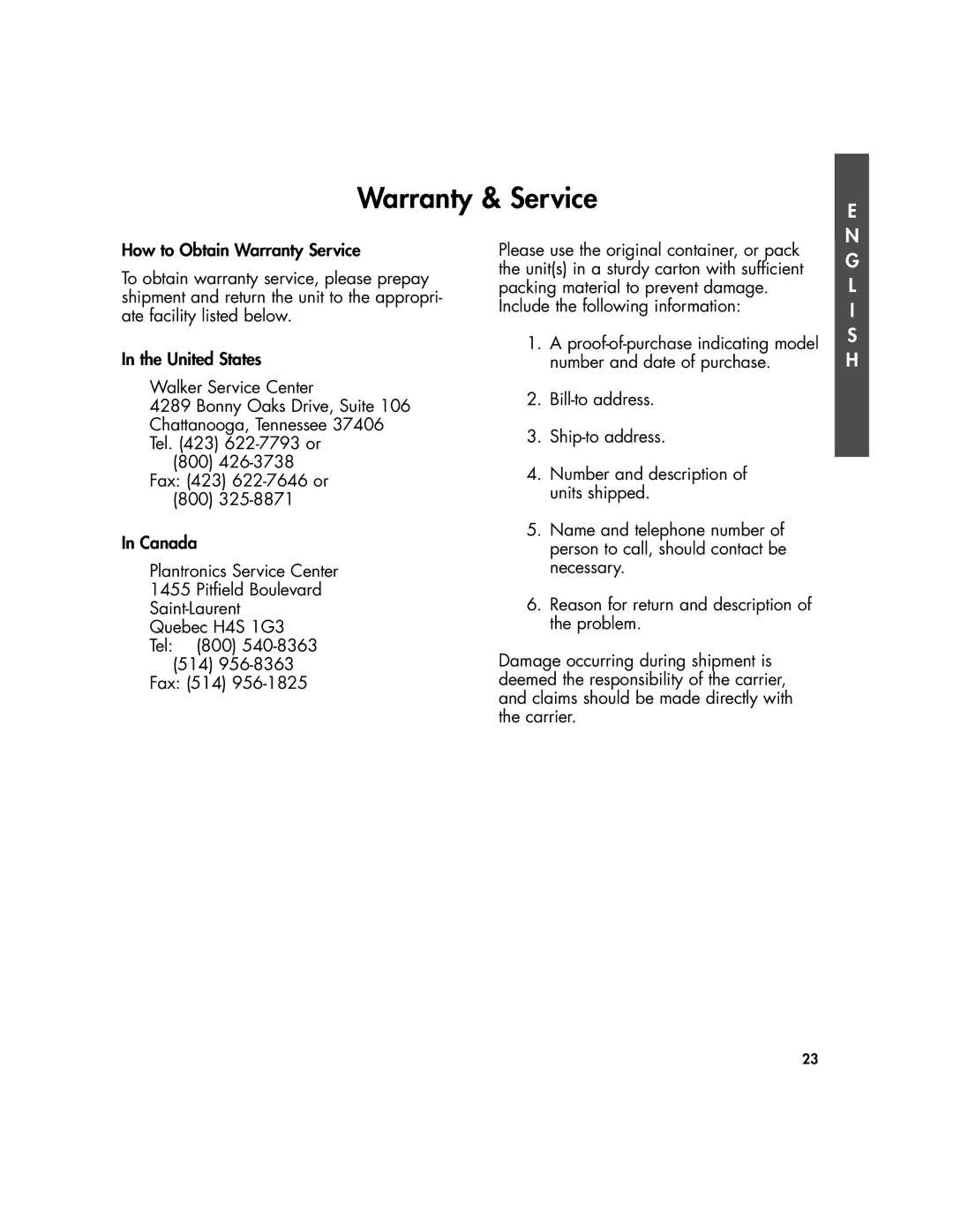 Plantronics 435 manual Include the following information 