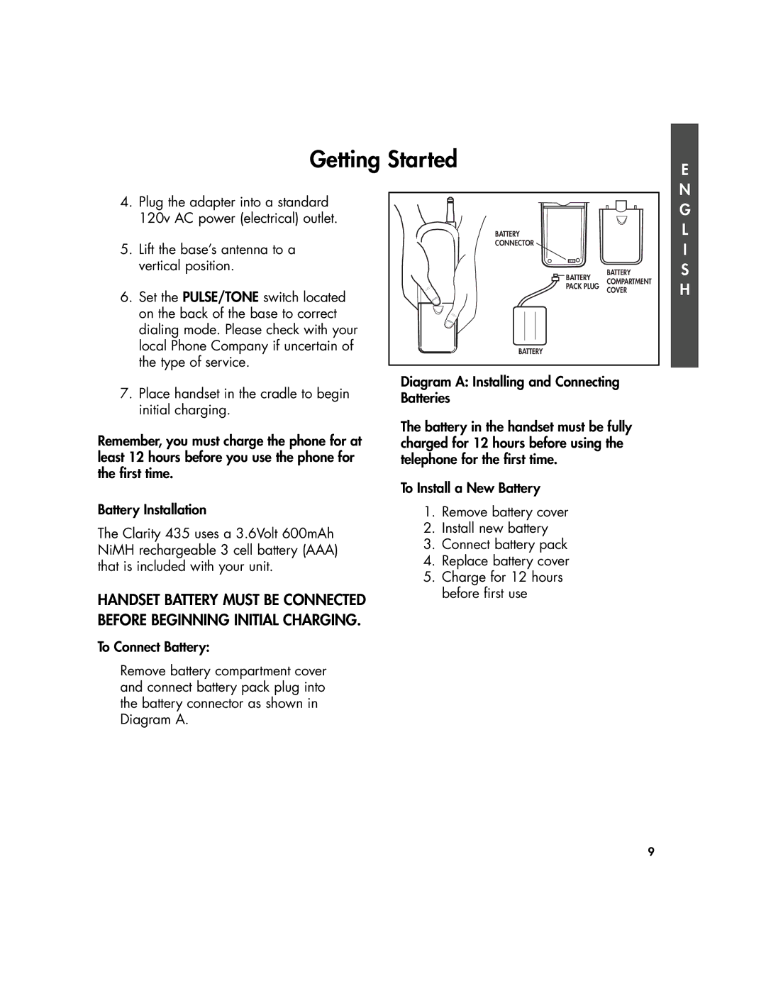 Plantronics 435 manual Lift the base’s antenna to a, Vertical position, Set the PULSE/TONE switch located 