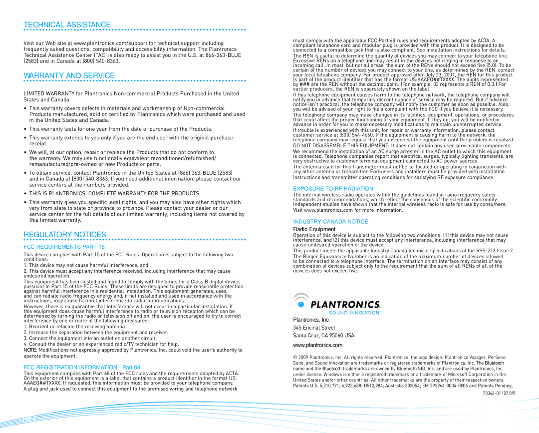 Plantronics 510-USB manual Technical Assistance Warranty and Service, Regulatory Notices, FCC Registration Information Part 