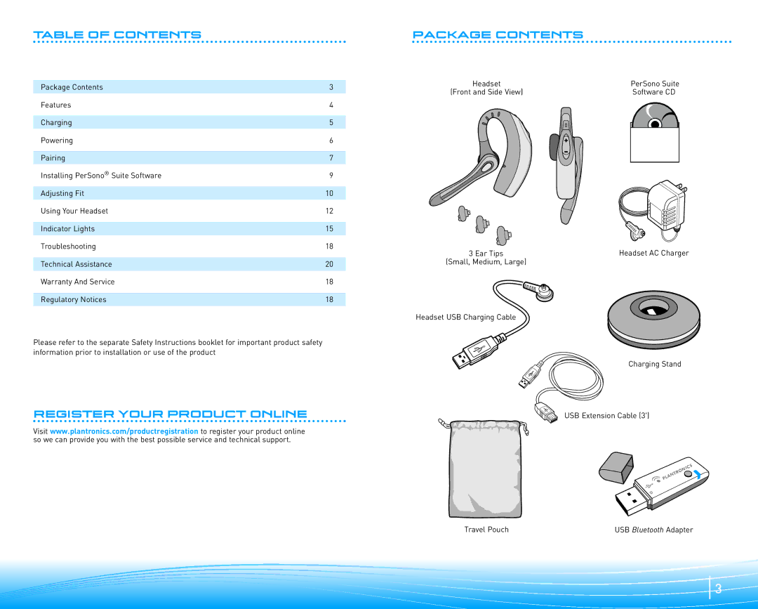 Plantronics 510-USB manual Table of Contents, Register Your Product Online Package Contents 