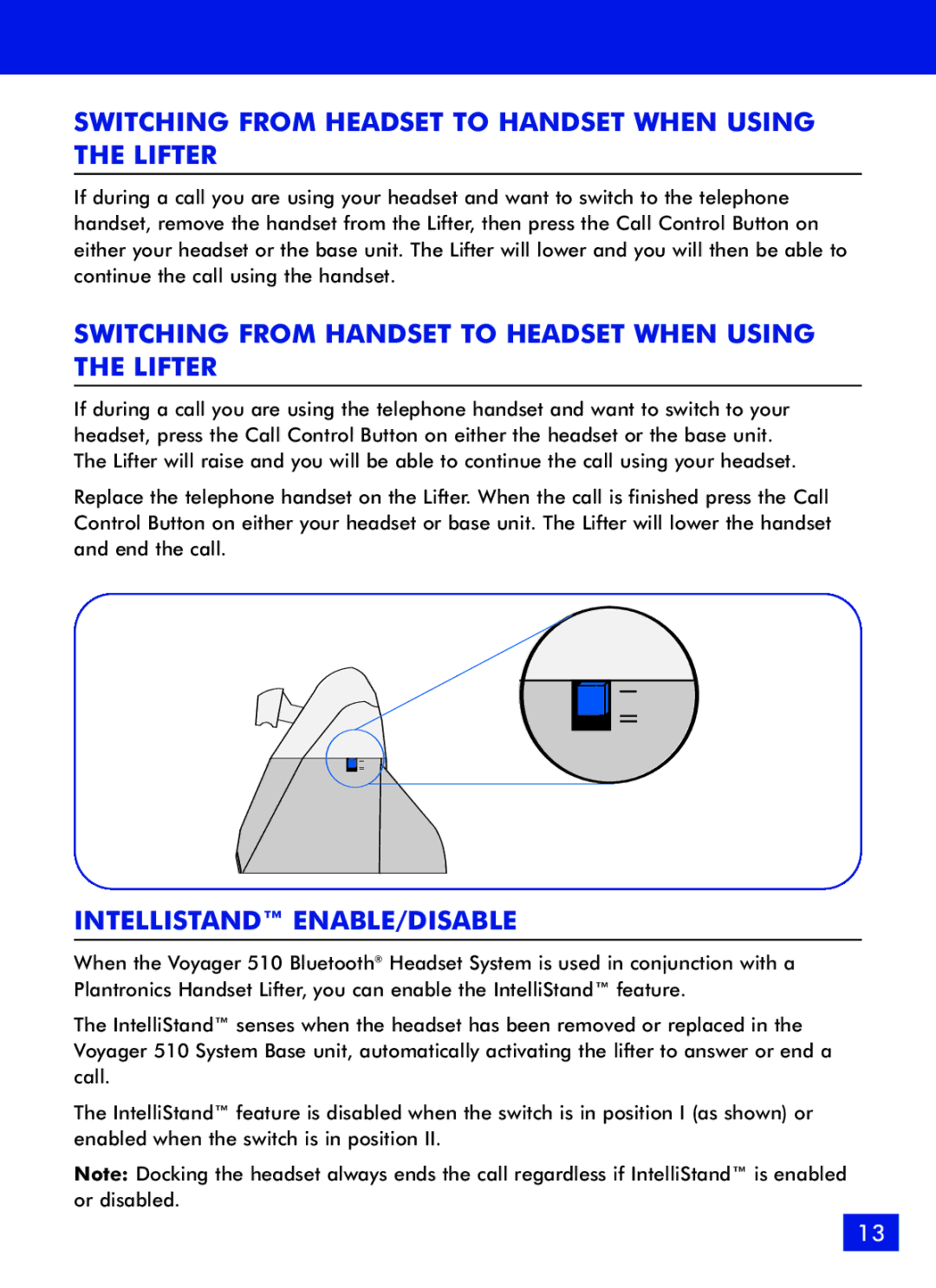 Plantronics 510 manual Switching from Headset to Handset When Using the Lifter, Intellistand ENABLE/DISABLE 