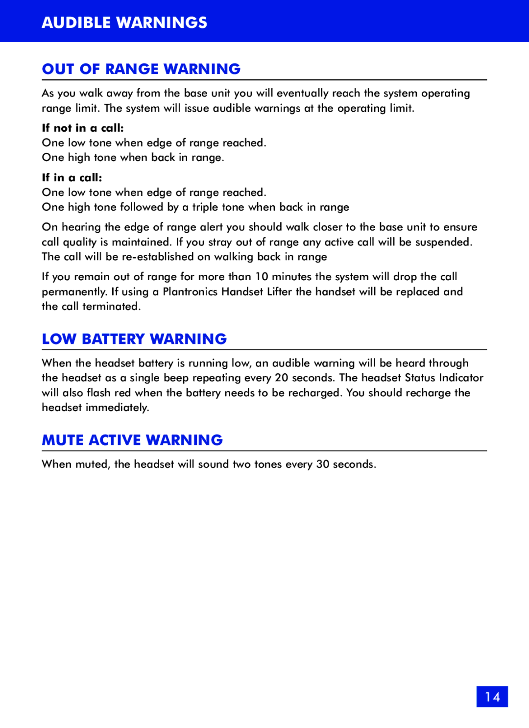 Plantronics 510 manual Audible Warnings, OUT of Range Warning, LOW Battery Warning, Mute Active Warning 