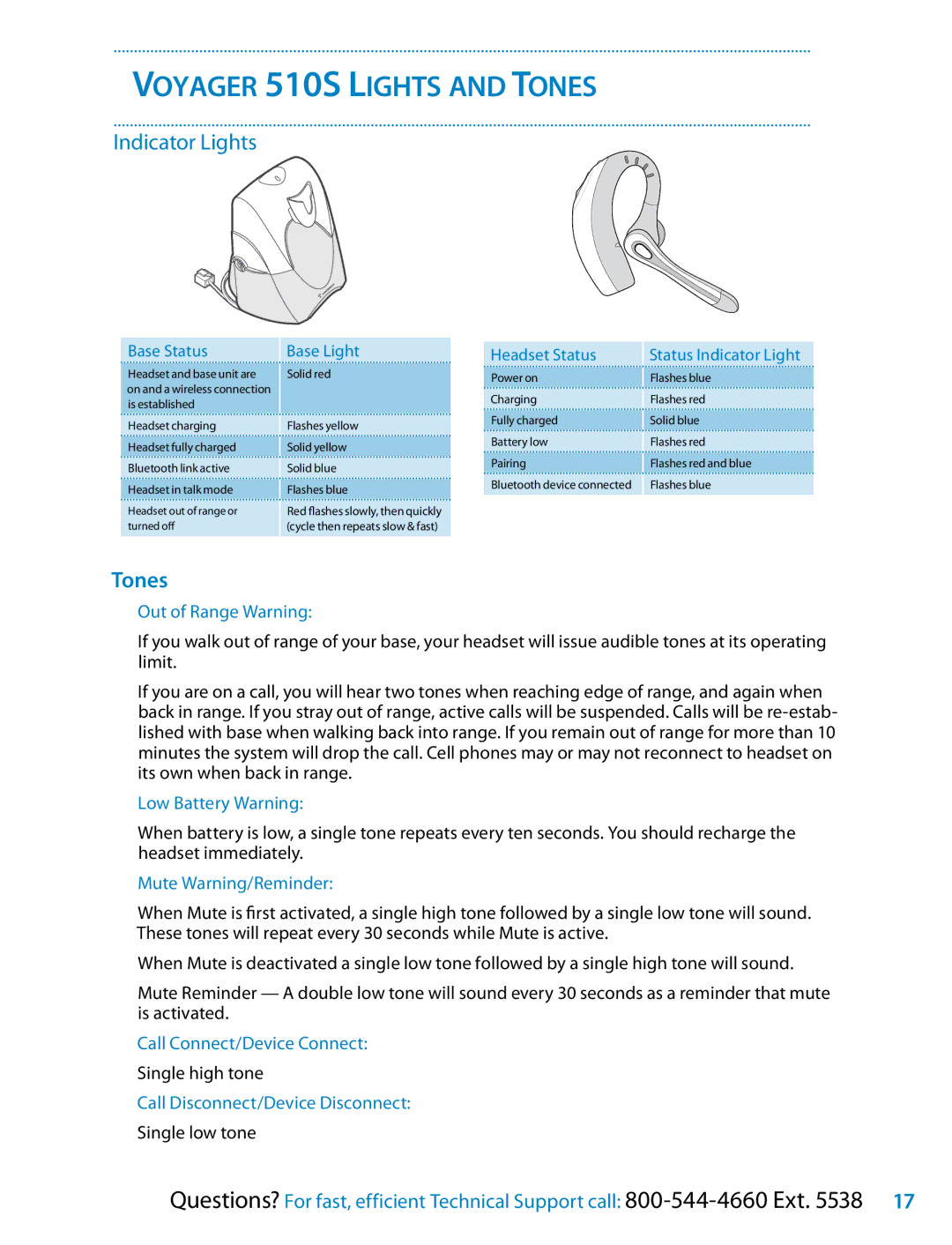 Plantronics setup guide Voyager 510S Lights and Tones, Indicator Lights, Out of Range Warning, Low Battery Warning 