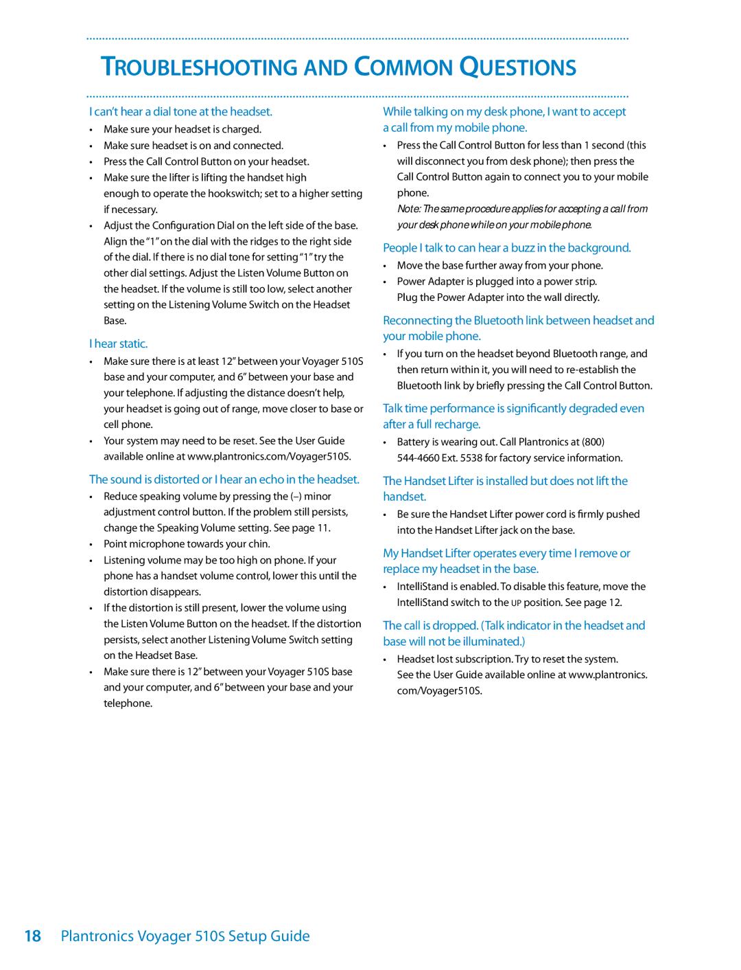 Plantronics 510S setup guide Troubleshooting and Common Questions, Can’t hear a dial tone at the headset 