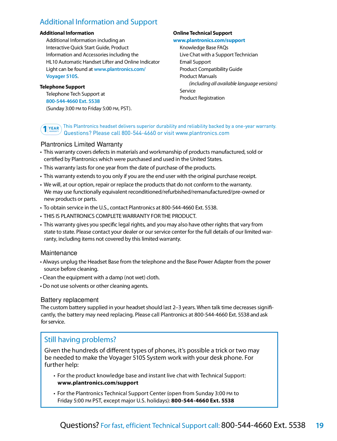 Plantronics 510S Additional Information and Support, Still having problems?, Plantronics Limited Warranty, Maintenance 