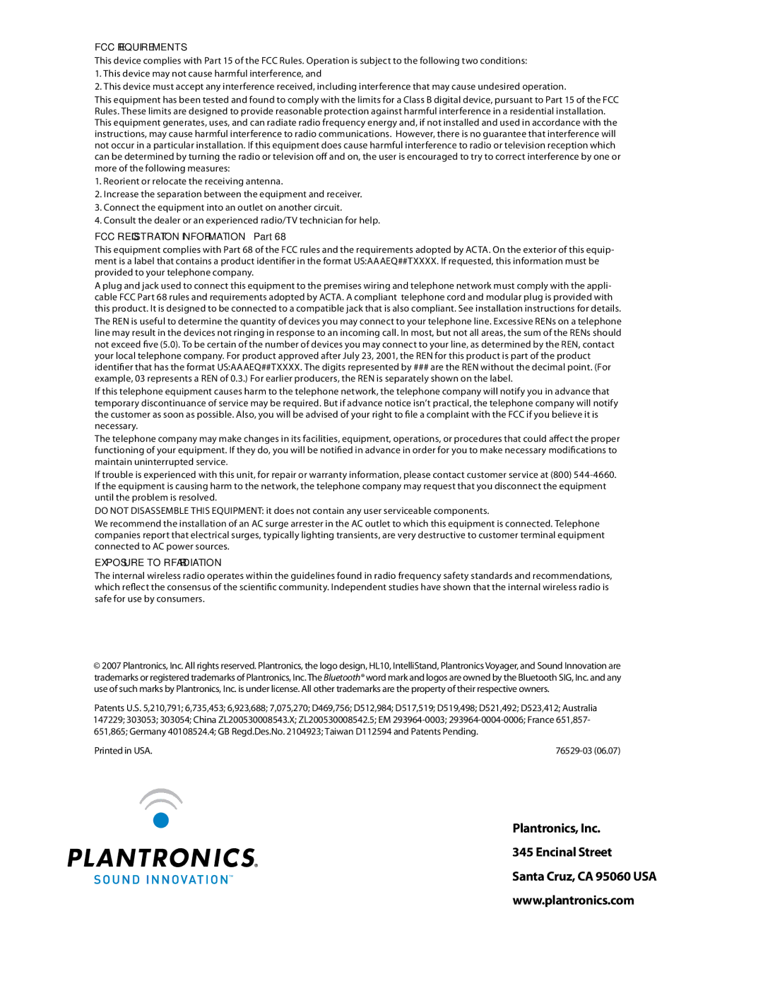 Plantronics 510S setup guide Plantronics, Inc Encinal Street Santa Cruz, CA 95060 USA 