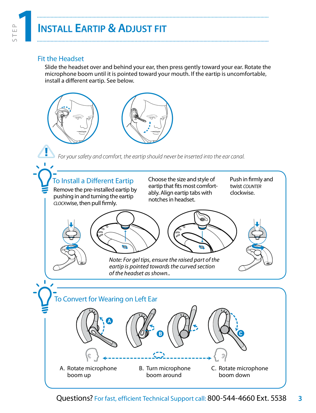 Plantronics 510S setup guide Install Eartip & Adjust fit, Fit the Headset, To Install a Different Eartip 