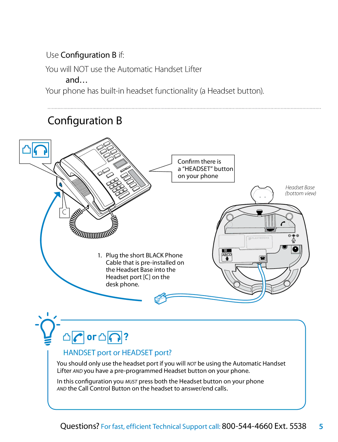 Plantronics 510S setup guide Configuration B, Handset port or Headset port? 