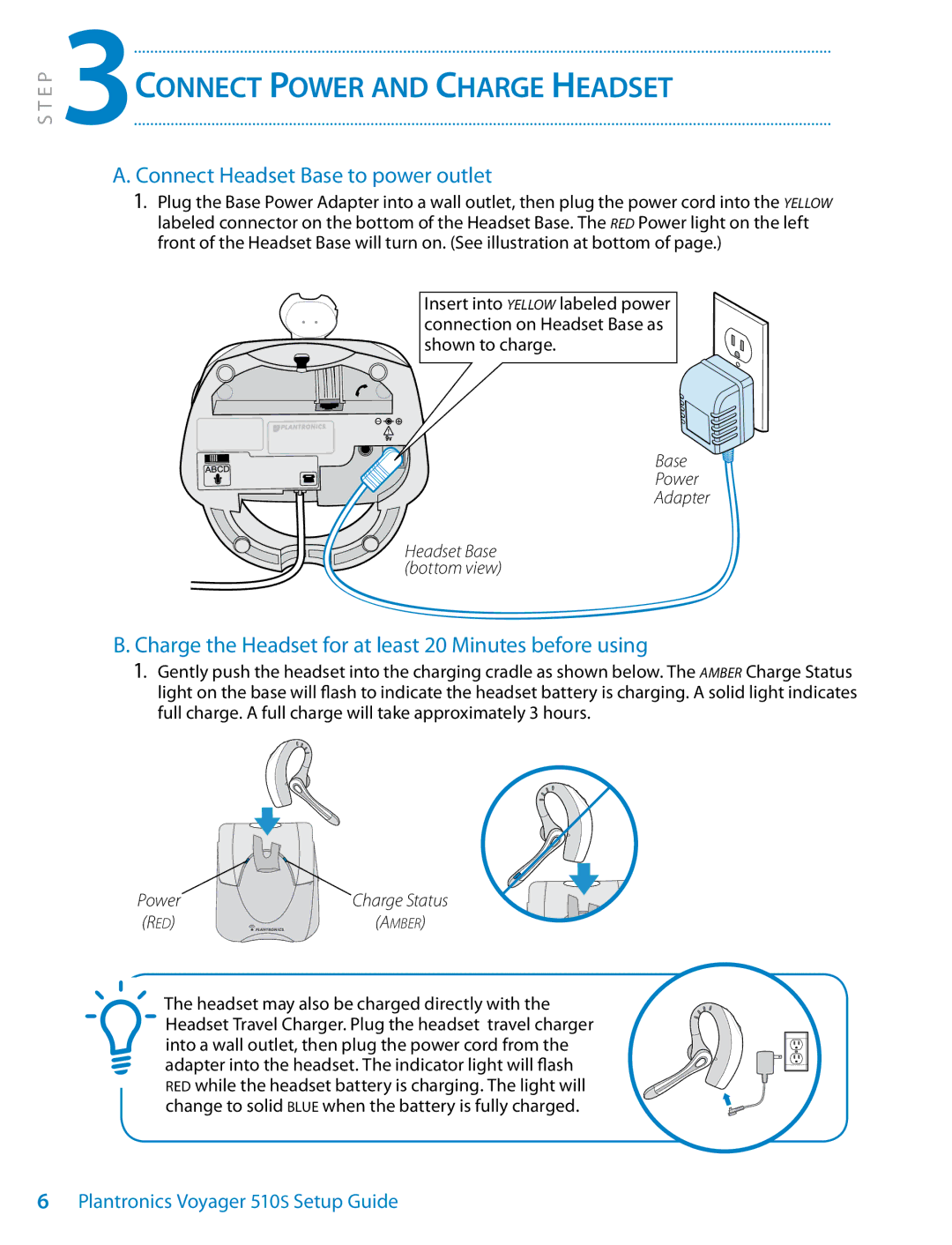 Plantronics 510S setup guide 3Connect Power and Charge Headset, Connect Headset Base to power outlet, Base Power Adapter 