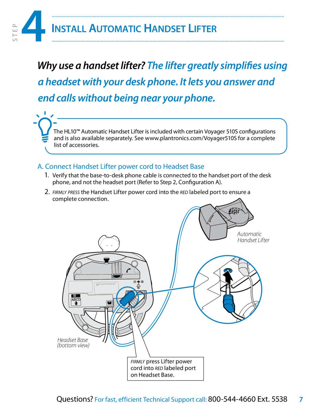 Plantronics 510S setup guide 4Install Automatic Handset Lifter, Connect Handset Lifter power cord to Headset Base 