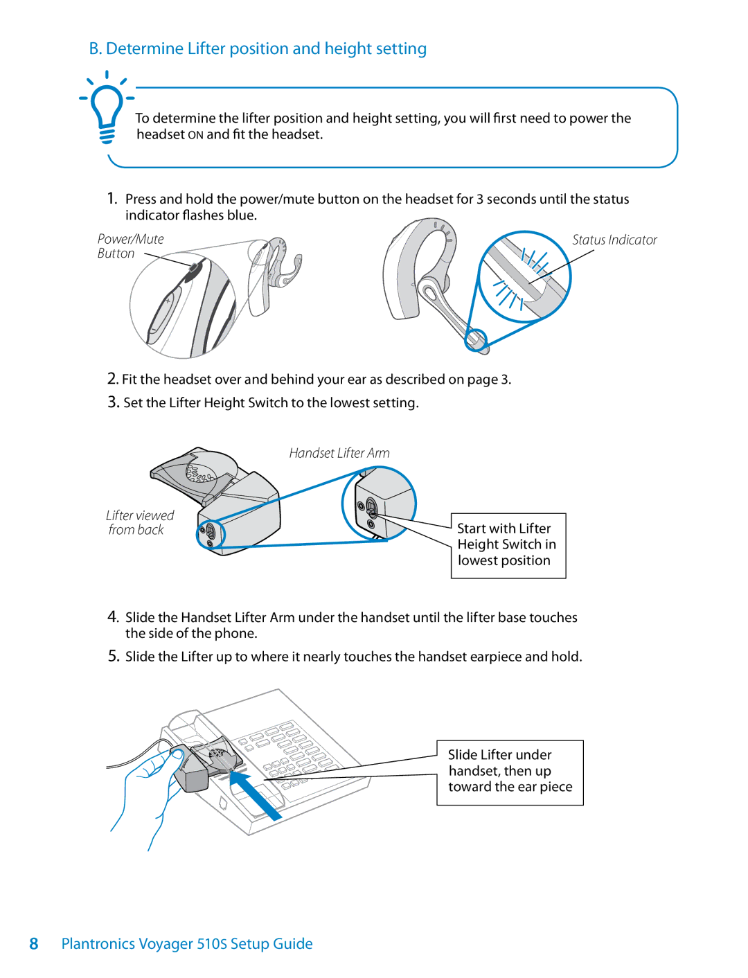 Plantronics 510S setup guide Determine Lifter position and height setting, Power/Mute, Button 