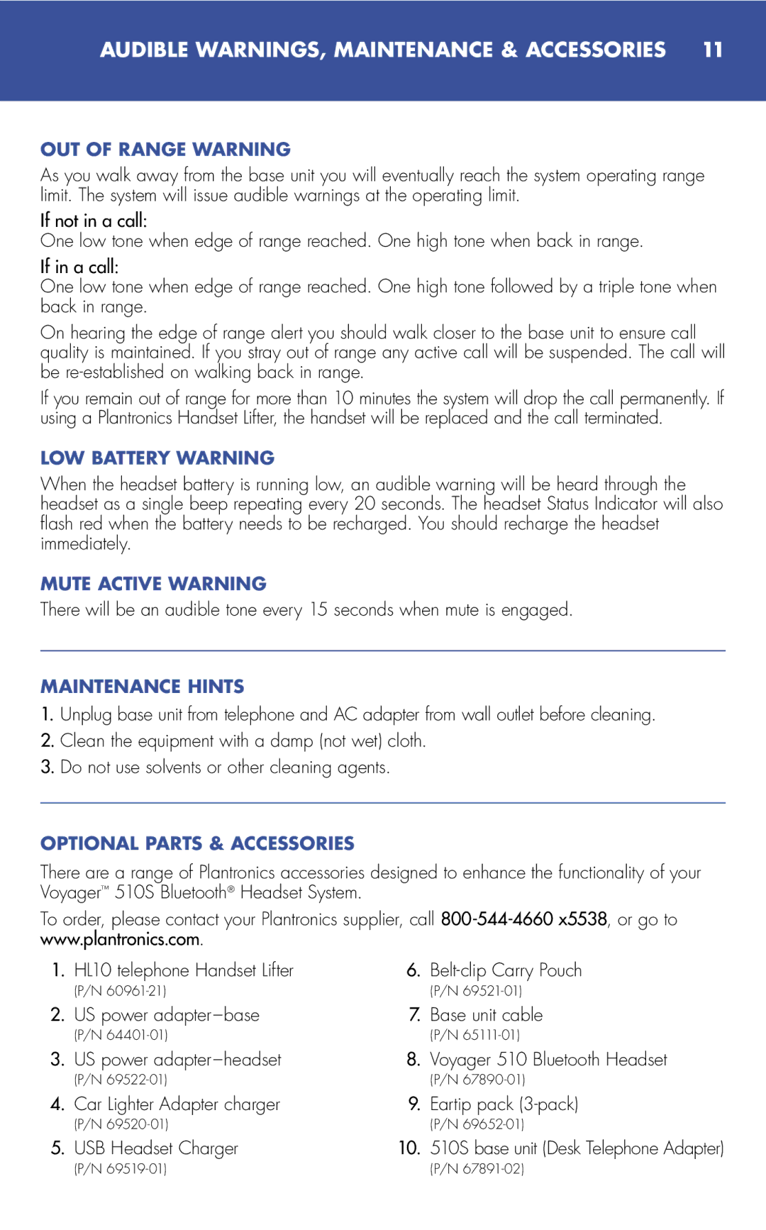 Plantronics 510S manual Audible WARNINGS, Maintenance & Accessories 