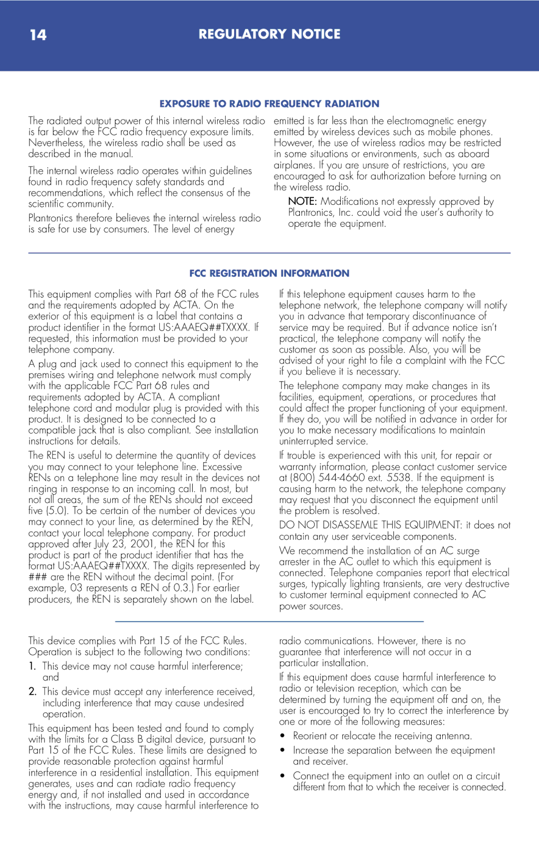 Plantronics 510S manual 14REGULATORY Notice, Exposure to Radio Frequency Radiation 