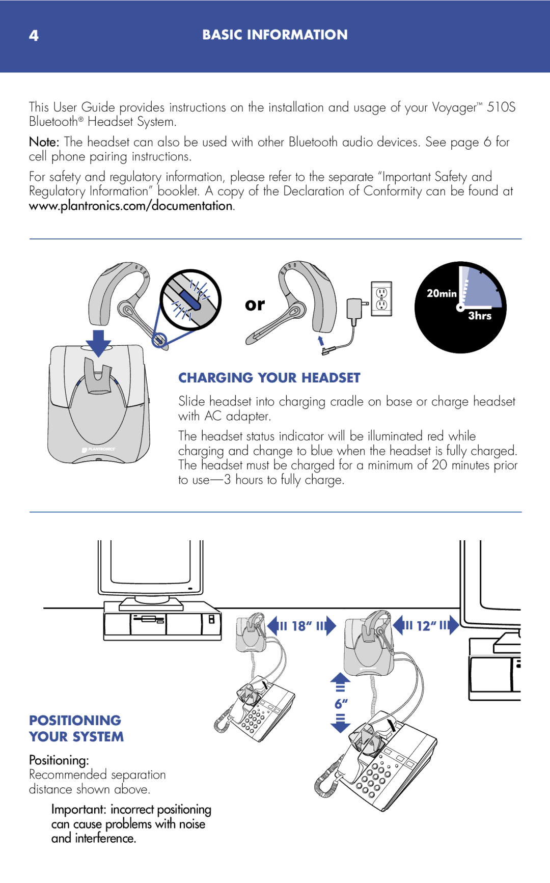 Plantronics 510S manual Basic Information, Charging Your Headset, Positioning Your System 