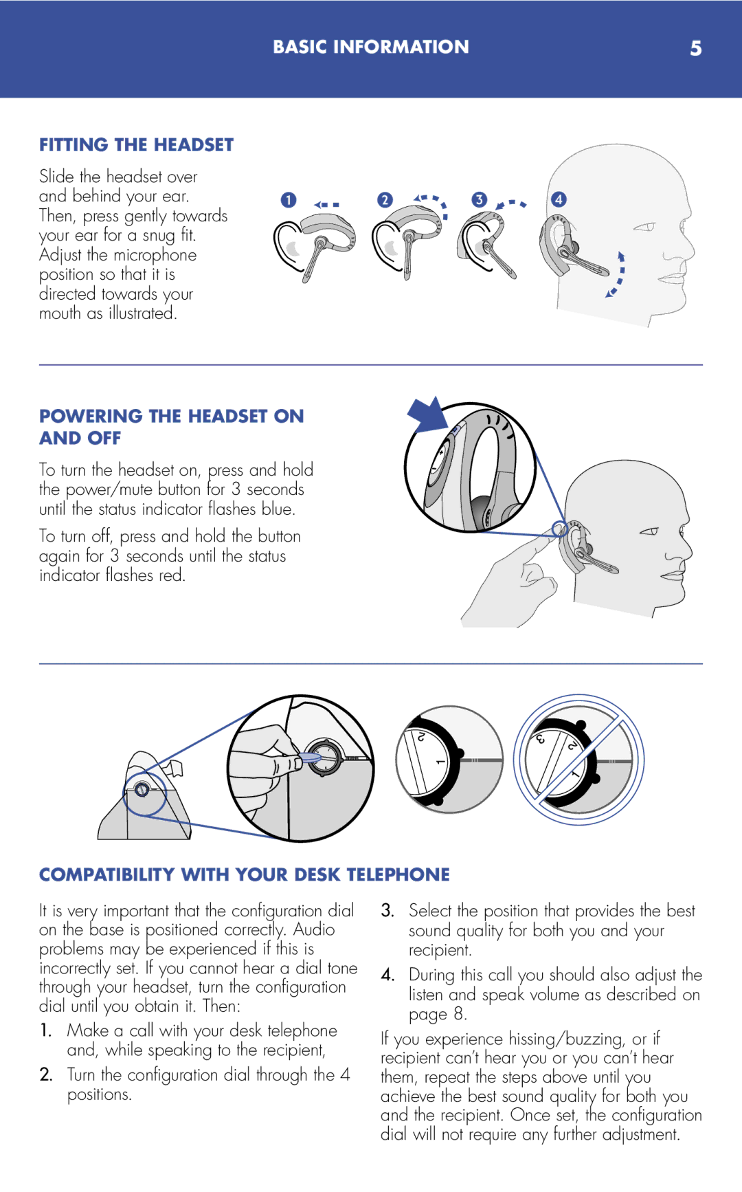 Plantronics 510S manual Fitting the Headset, Powering the Headset on OFF, Compatibility with Your Desk Telephone 