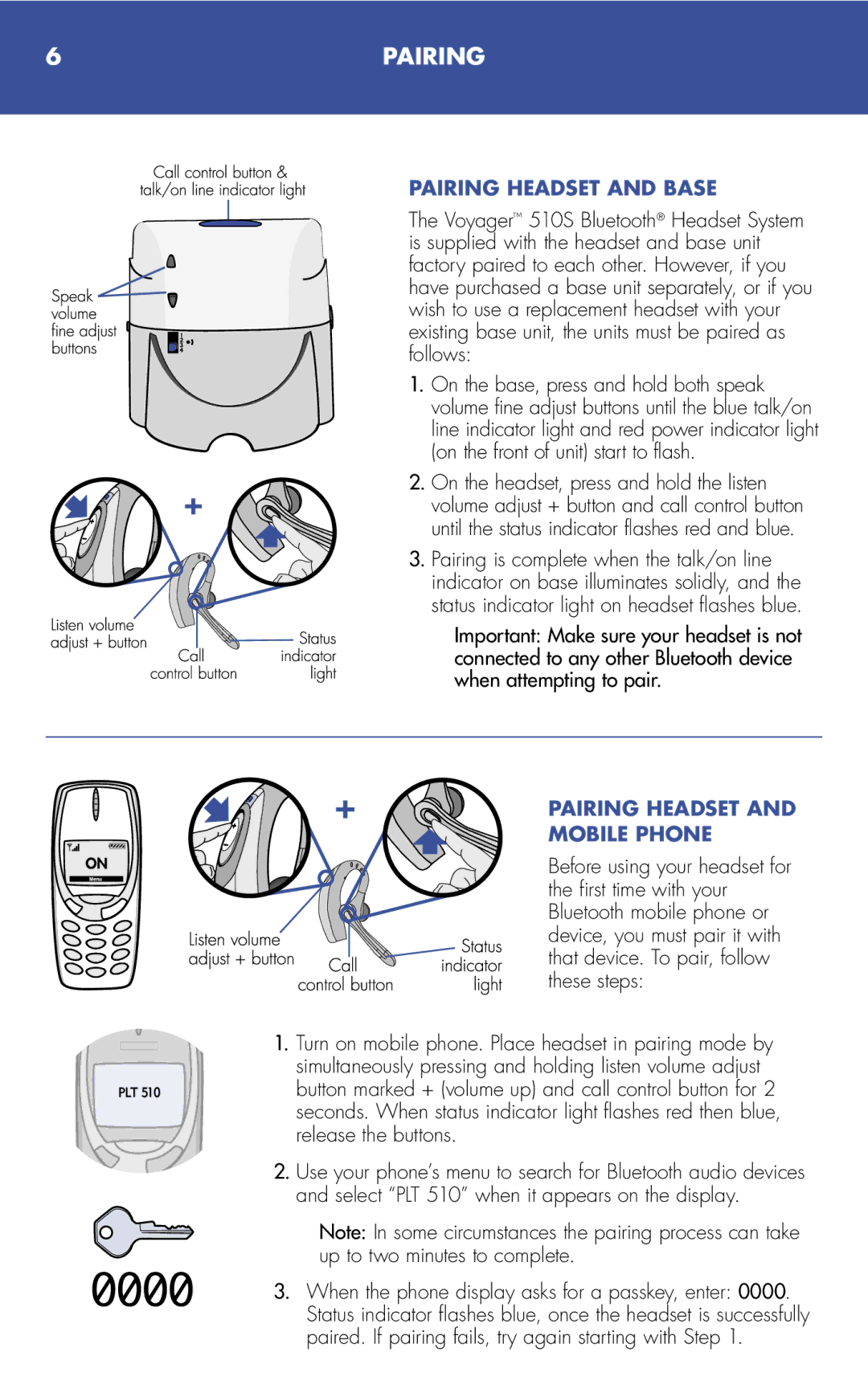 Plantronics 510S manual 6PAIRING, Pairing Headset and Base, Mobile Phone 