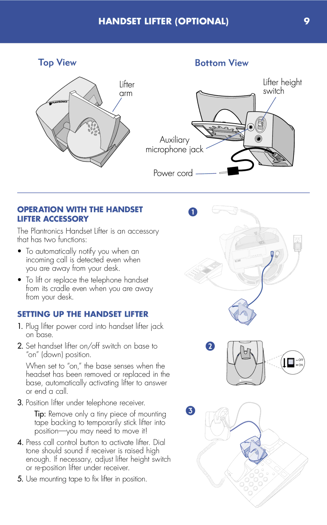 Plantronics 510S manual Handset Lifter Optional, Operation with the Handset Lifter Accessory, Setting UP the Handset Lifter 