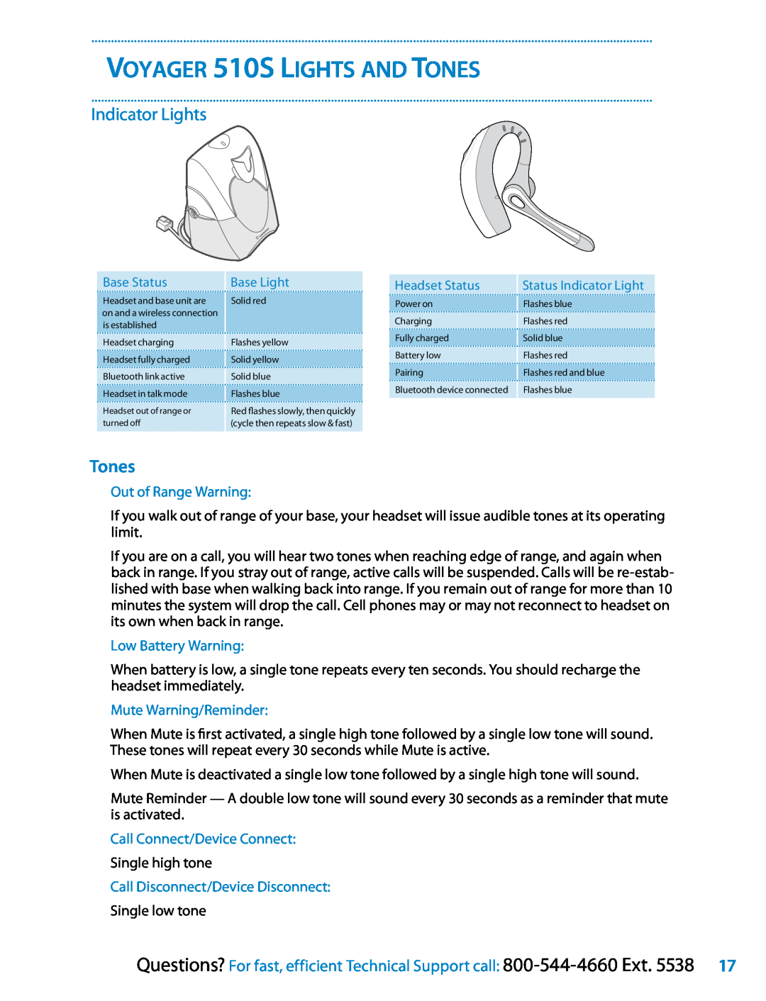 Plantronics setup guide Voyager 510S Lights and Tones, Indicator Lights, Out of Range Warning, Low Battery Warning 