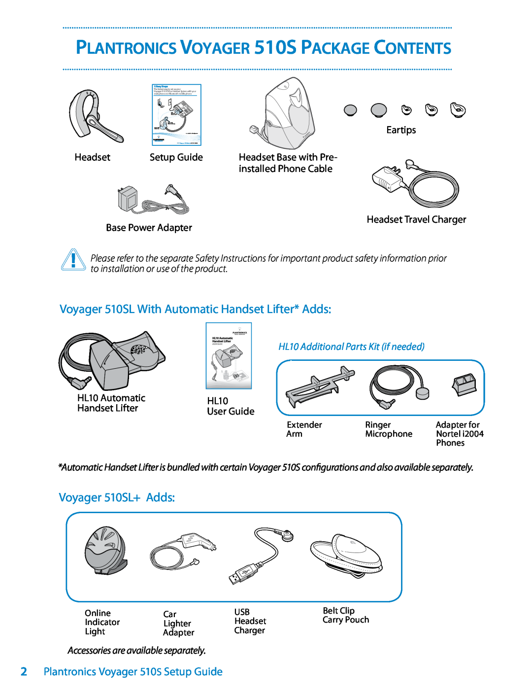 Plantronics setup guide Plantronics Voyager 510S Package Contents, Voyager 510SL With Automatic Handset Lifter* Adds 