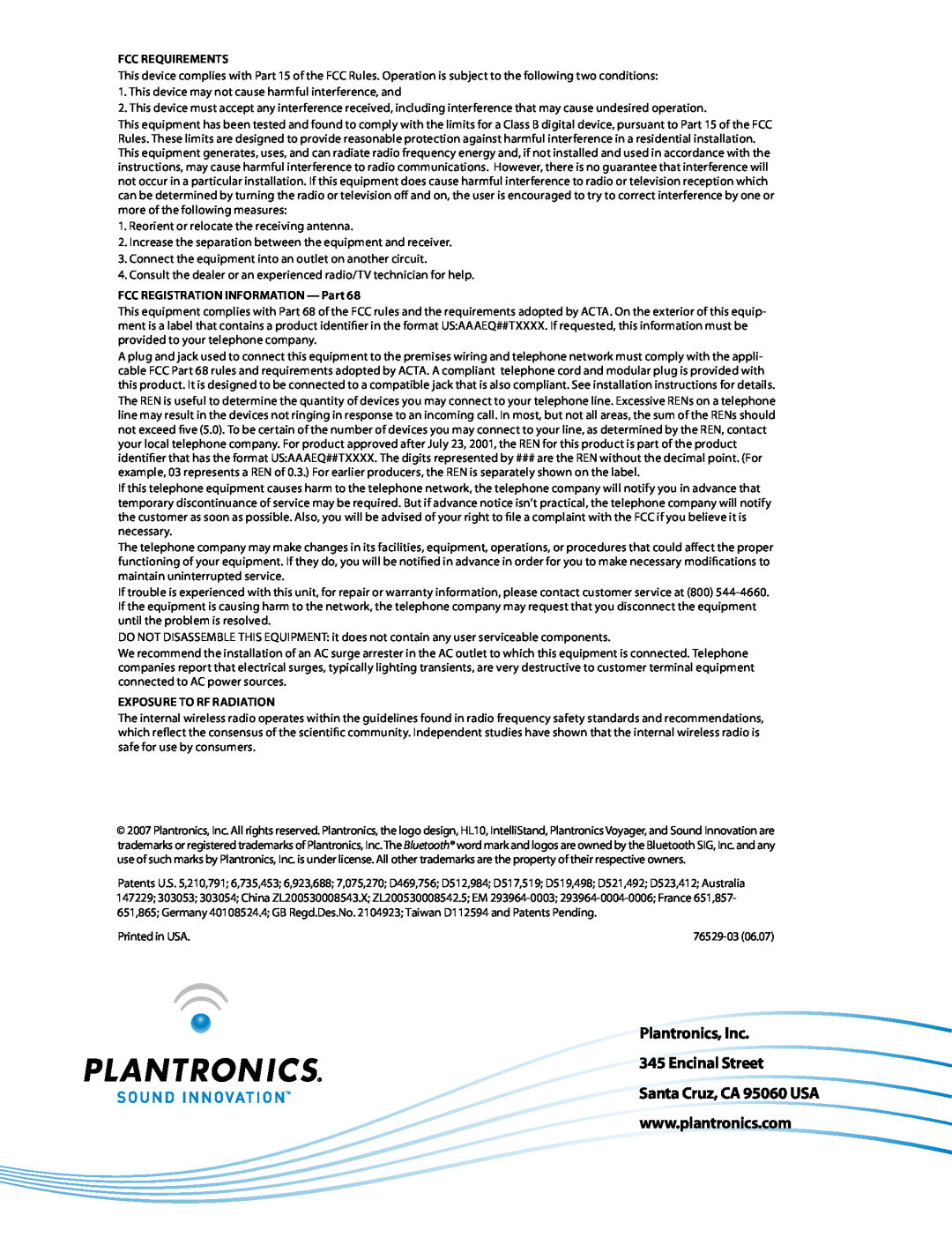 Plantronics 510S Plantronics, Inc 345 Encinal Street Santa Cruz, CA 95060 USA, FCC Requirements, Exposure to RF Radiation 