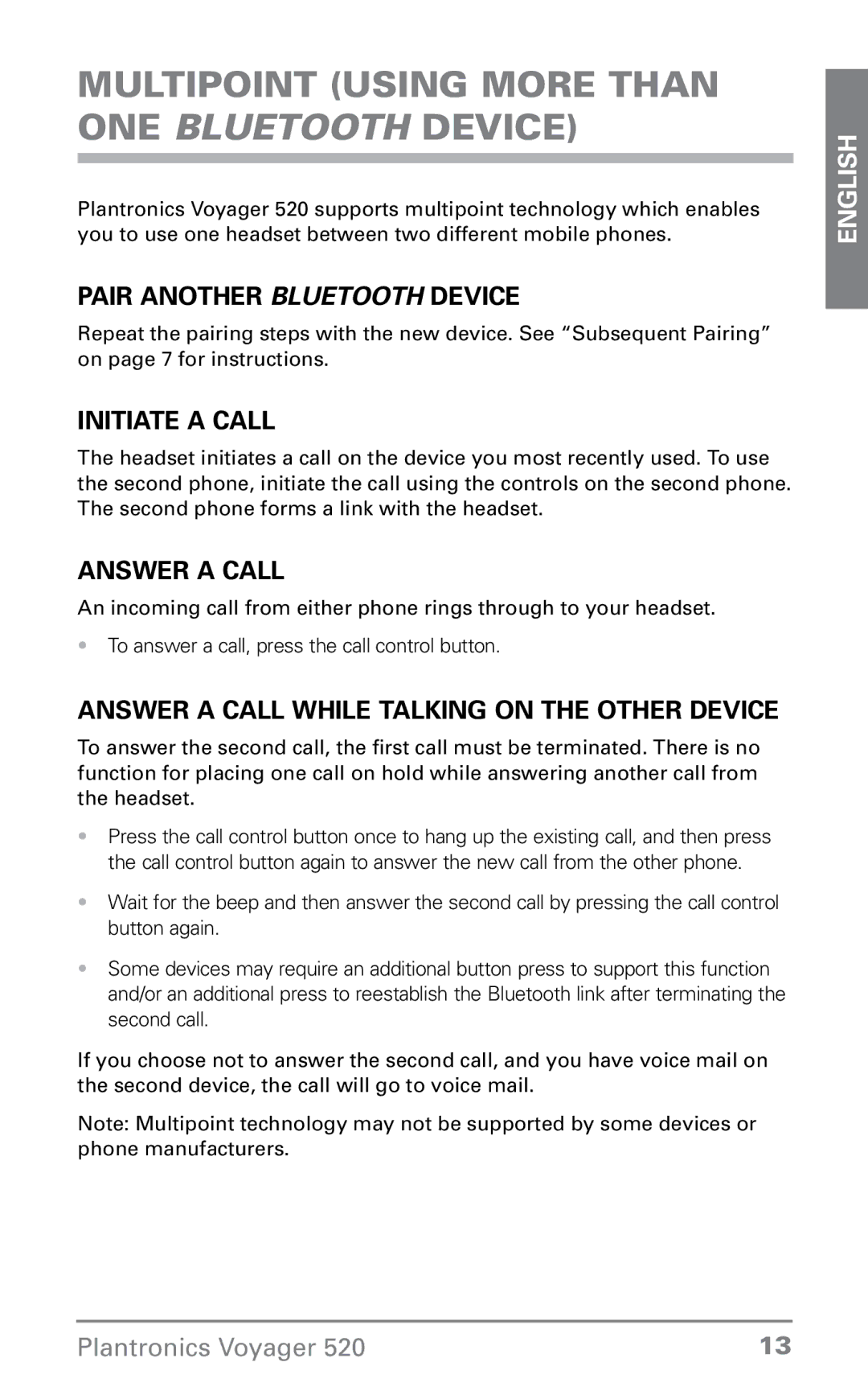 Plantronics 520 manual Multipoint Using more than one Bluetooth device, Pair another Bluetooth device, Initiate a call 