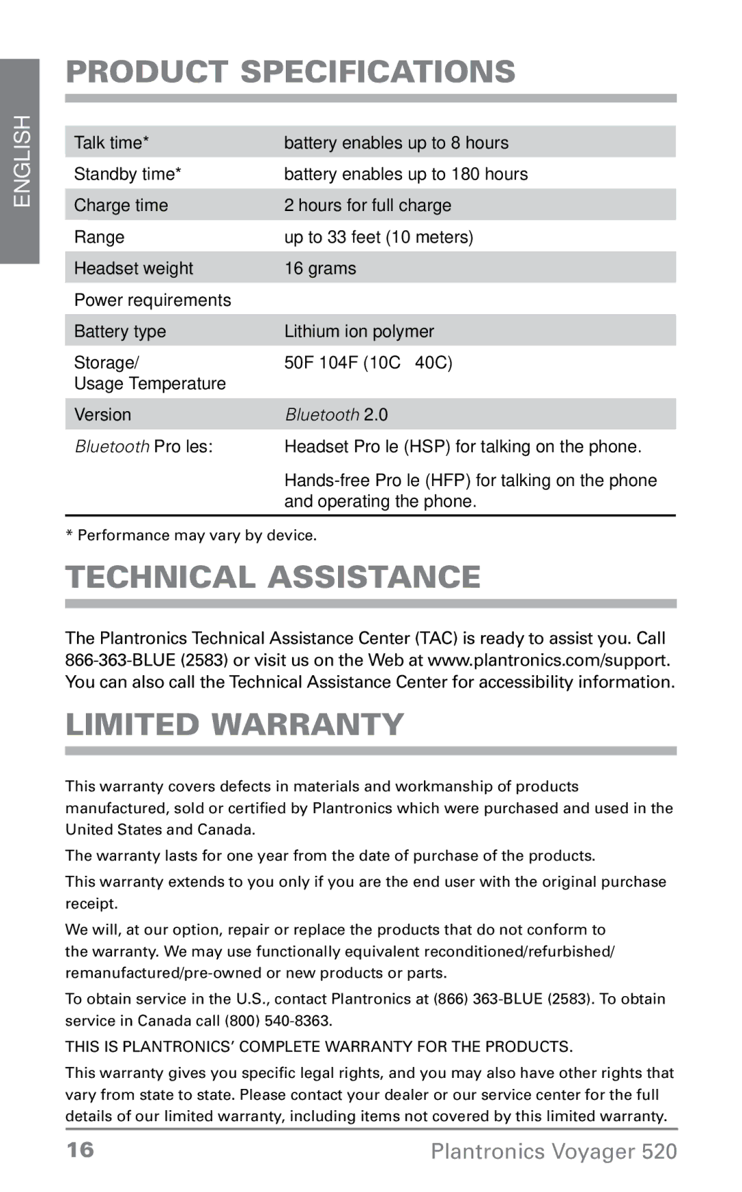 Plantronics 520 manual Product Specifications, Technical Assistance Limited Warranty, Power requirements 