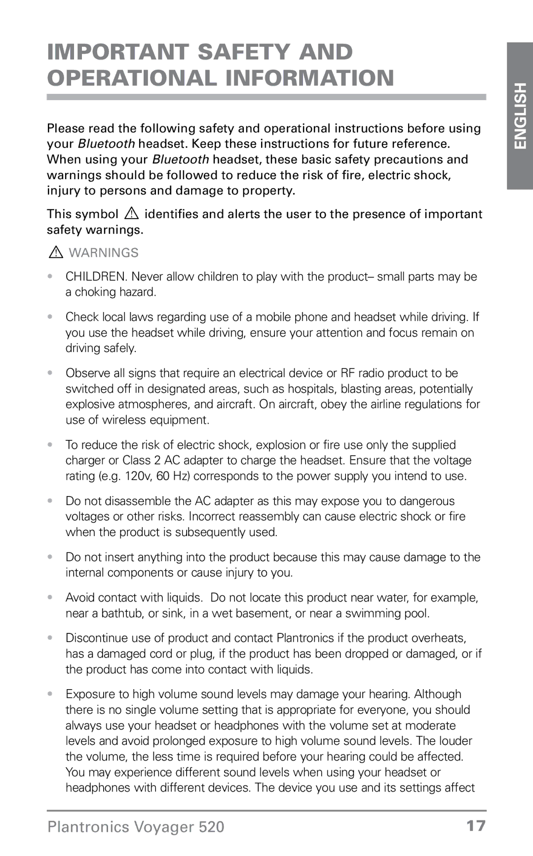 Plantronics 520 manual Important Safety and Operational Information 