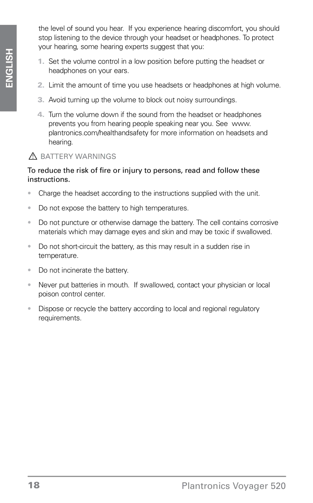 Plantronics 520 manual Battery Warnings 