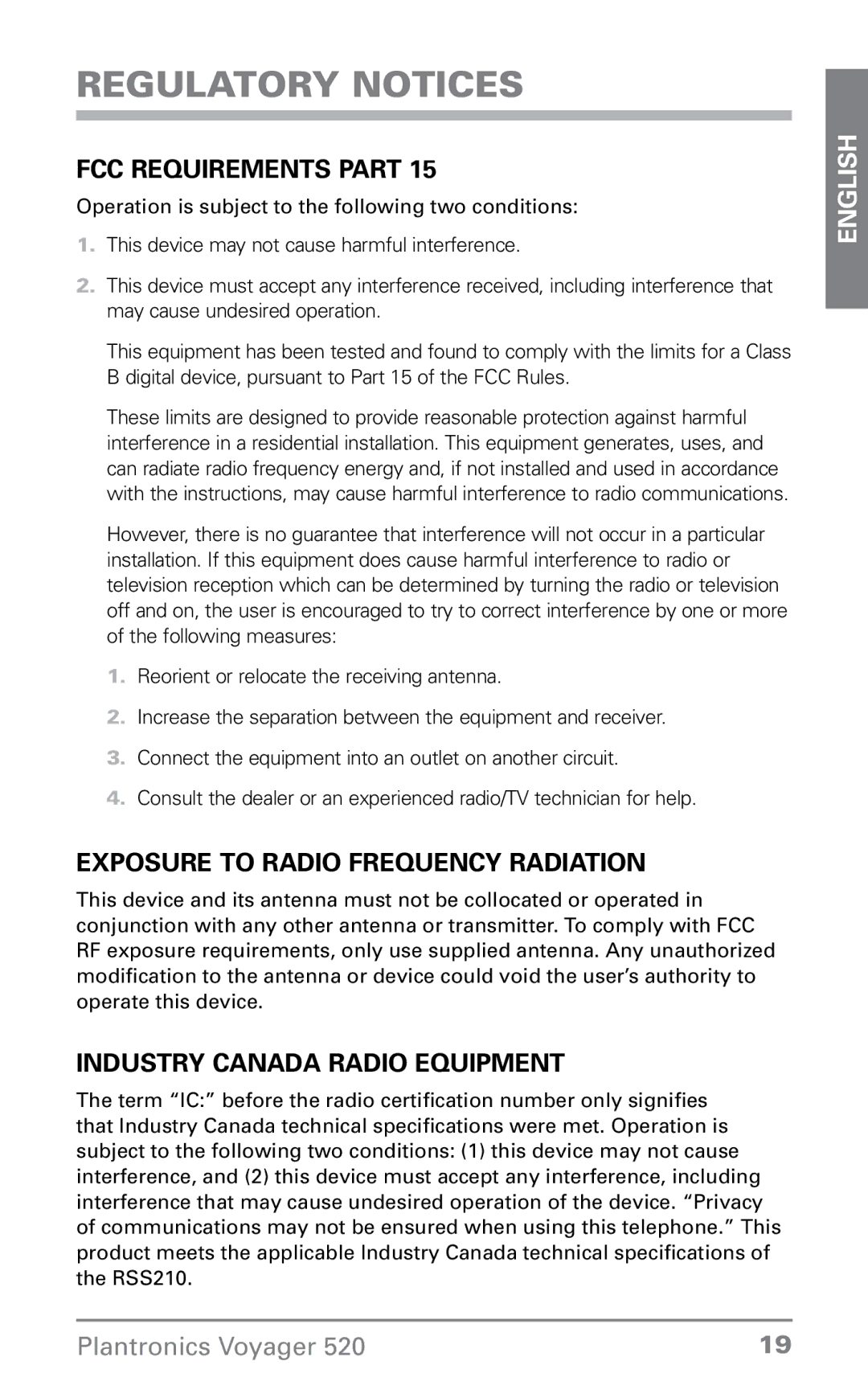 Plantronics 520 manual Regulatory Notices, FCC Requirements Part, Exposure To Radio Frequency Radiation 