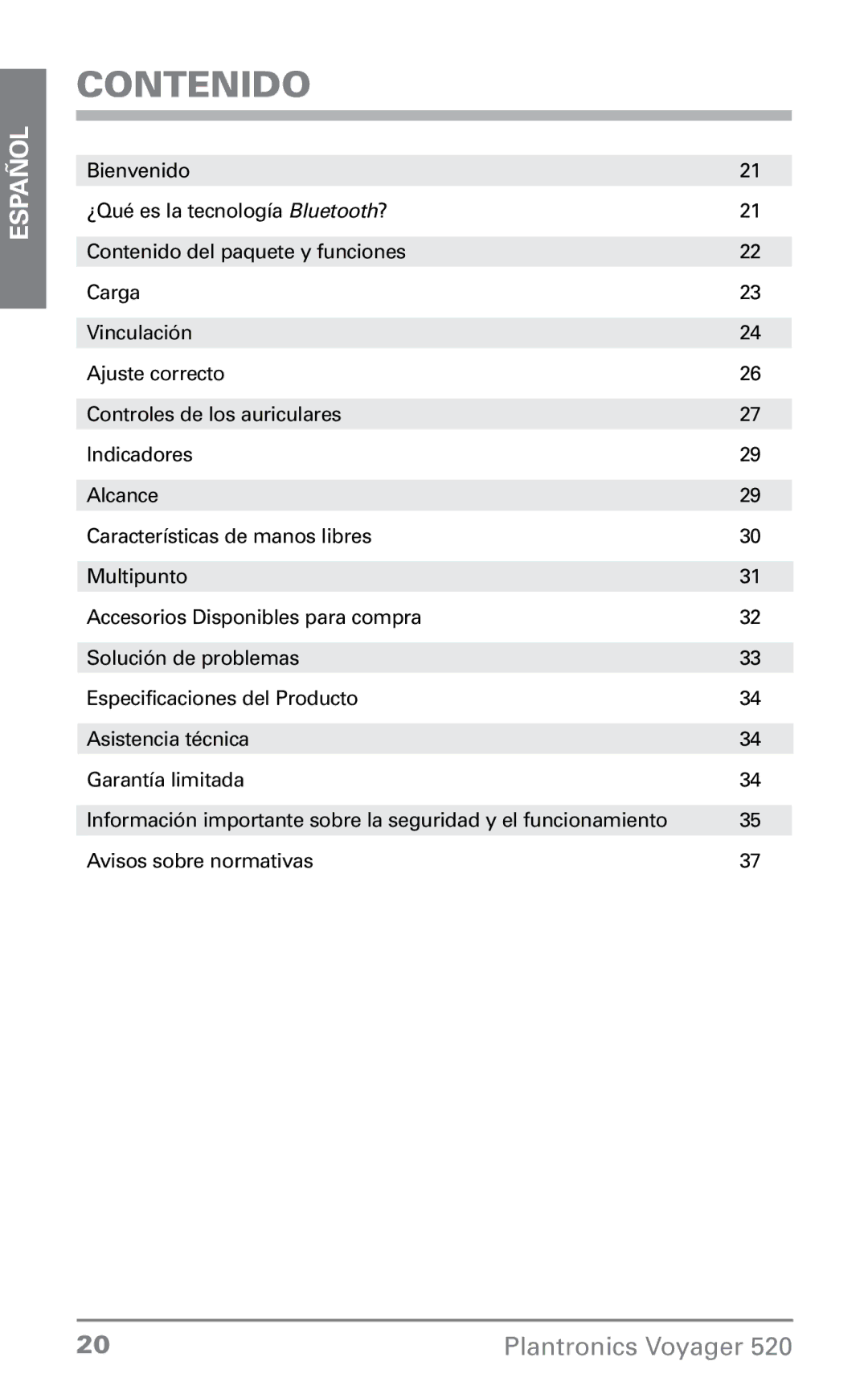 Plantronics 520 manual Contenido 