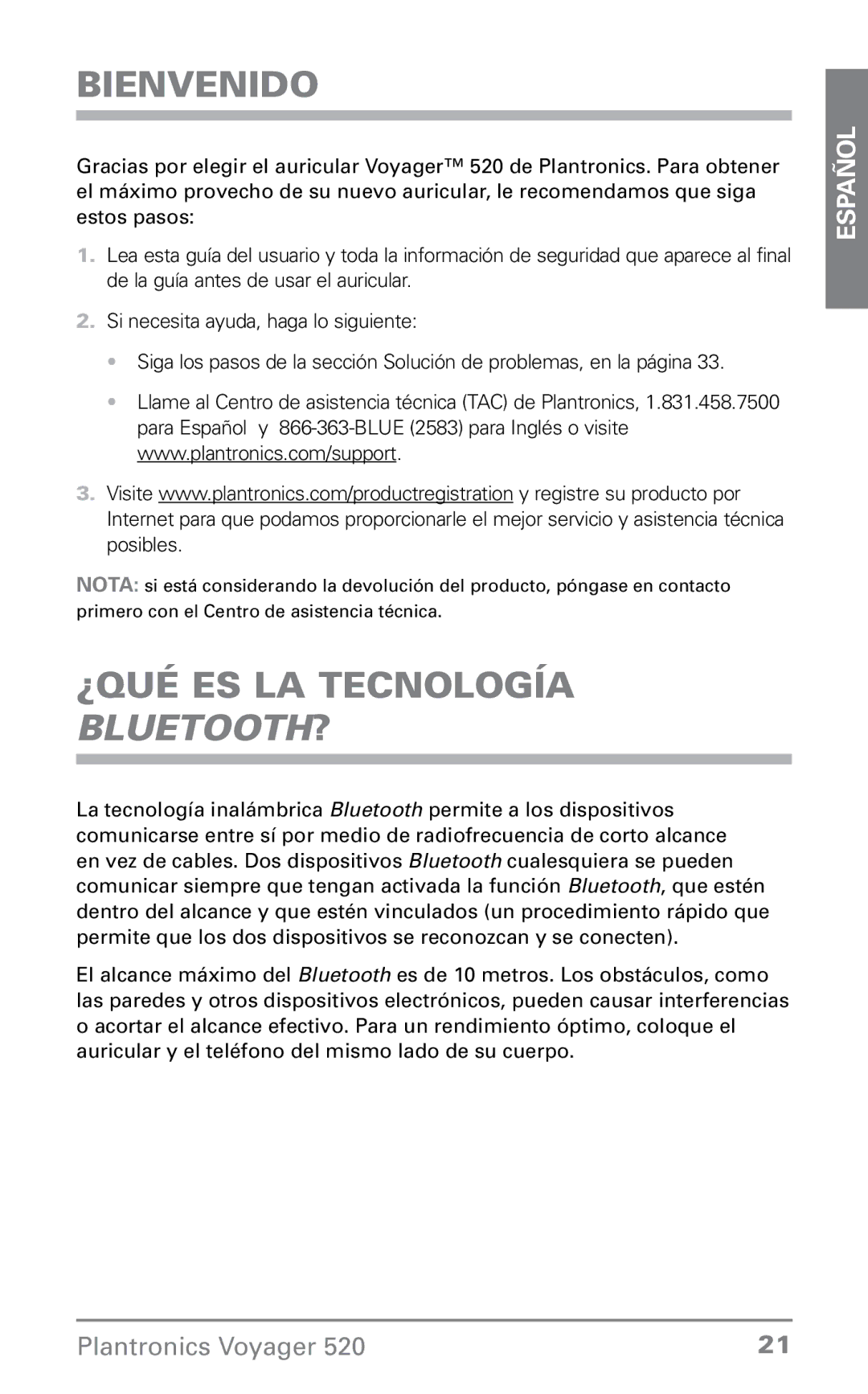 Plantronics 520 manual Bienvenido, ¿Qué es la tecnología Bluetooth? 