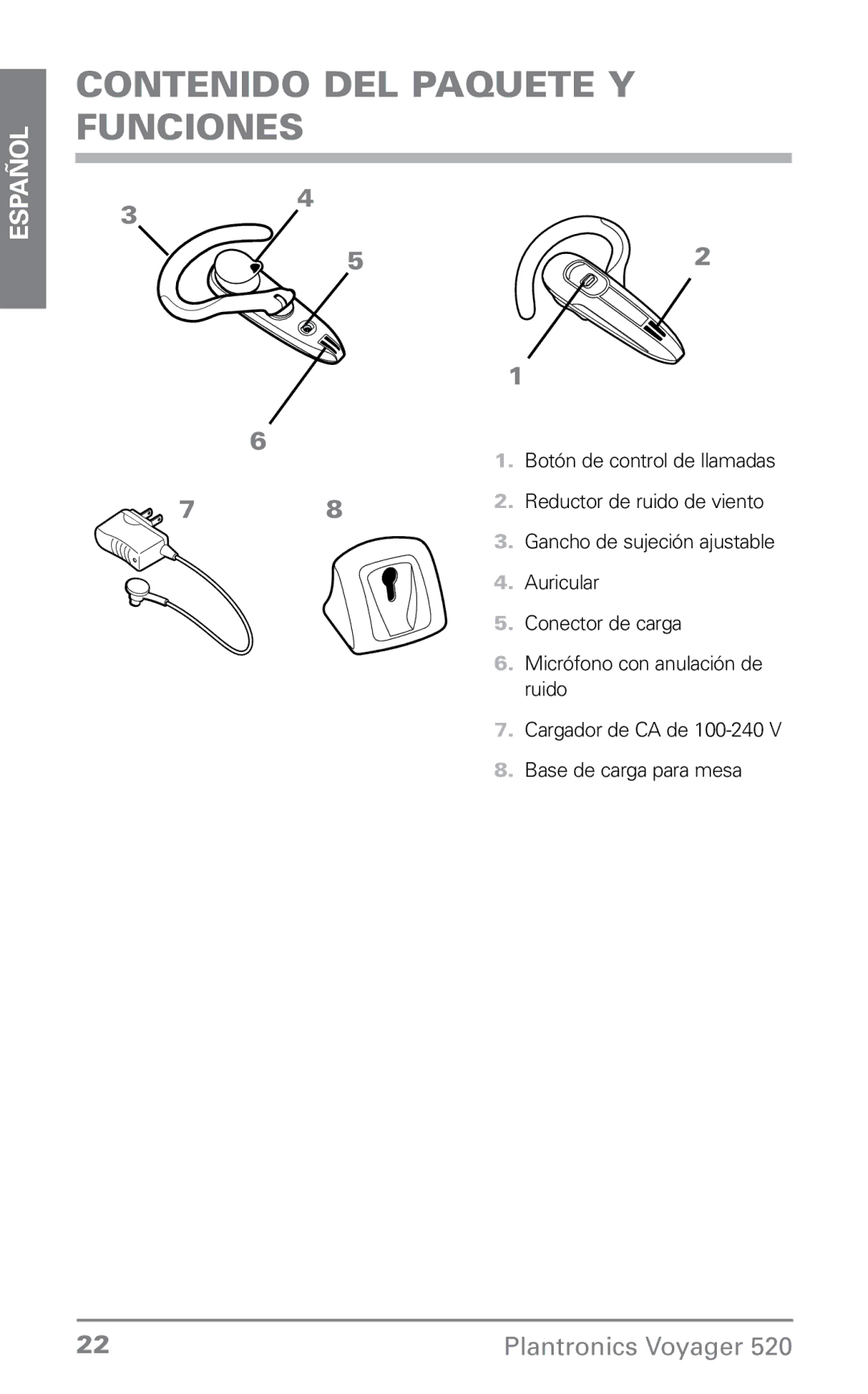 Plantronics 520 manual Contenido del paquete y funciones 