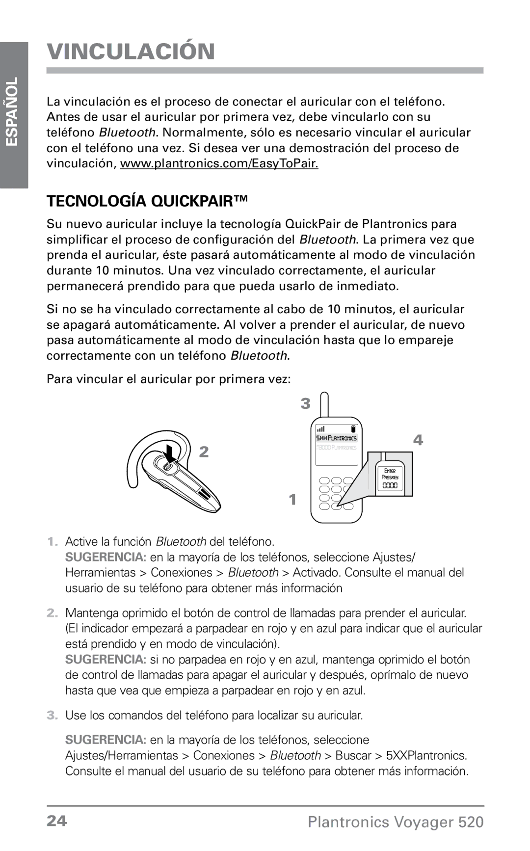 Plantronics 520 manual Vinculación, Tecnología QuickPair 