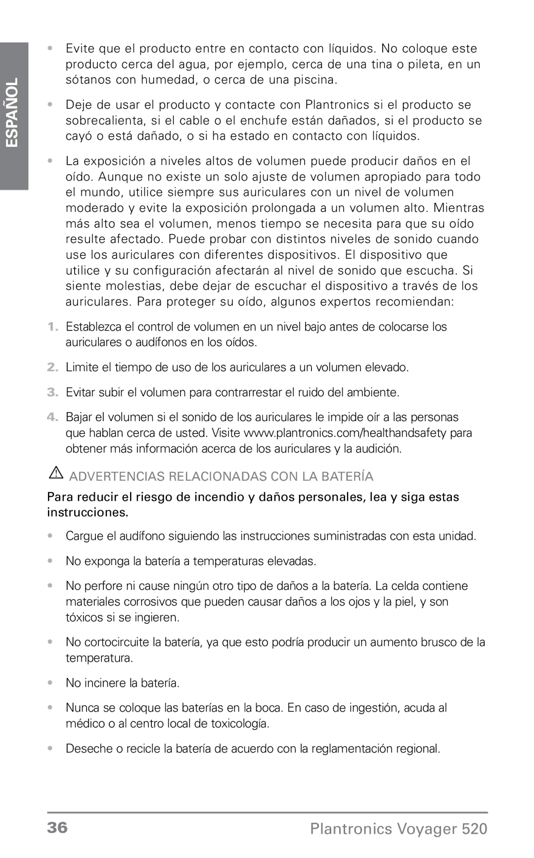 Plantronics 520 manual Advertencias Relacionadas CON LA Batería 