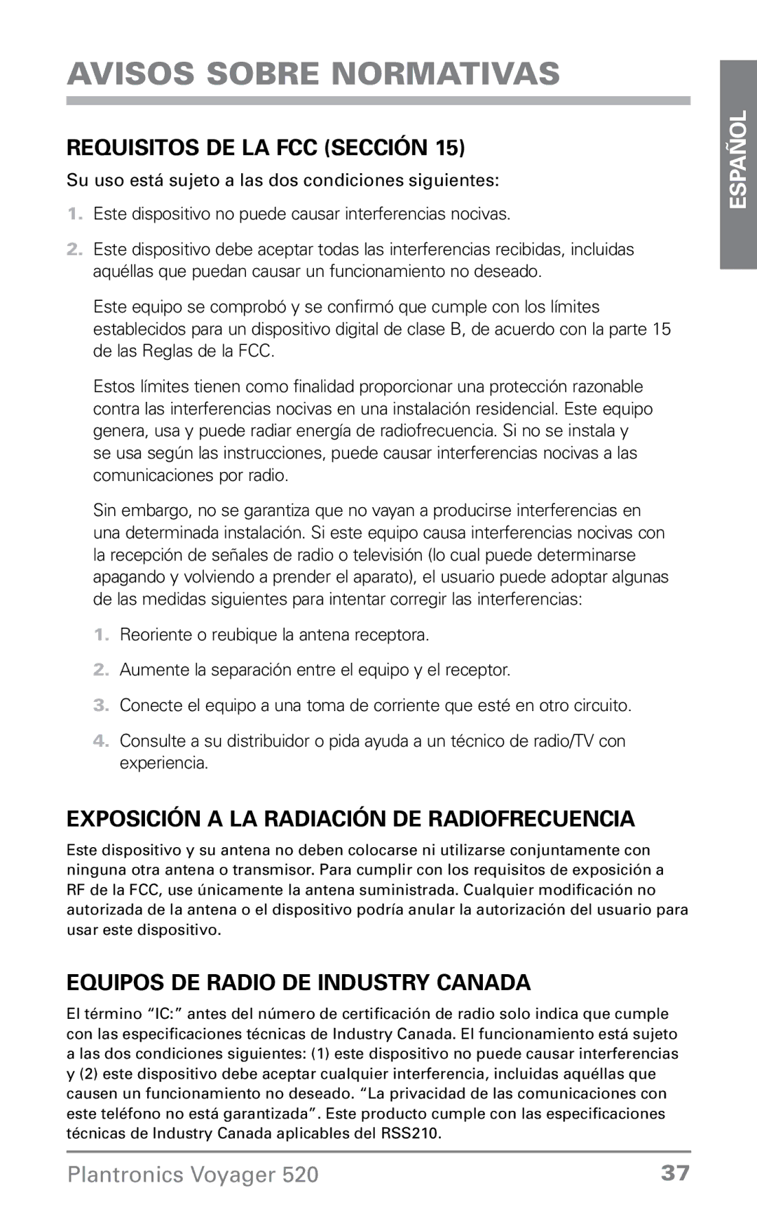 Plantronics 520 manual Avisos sobre normativas, Requisitos de la FCC sección, Exposición a la radiación de radiofrecuencia 