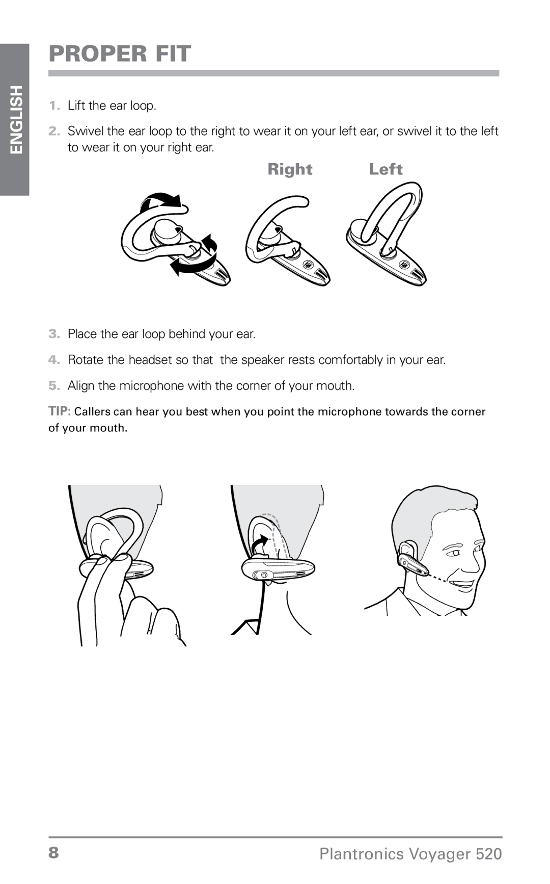 Plantronics 520 manual Proper fit, Right Left 