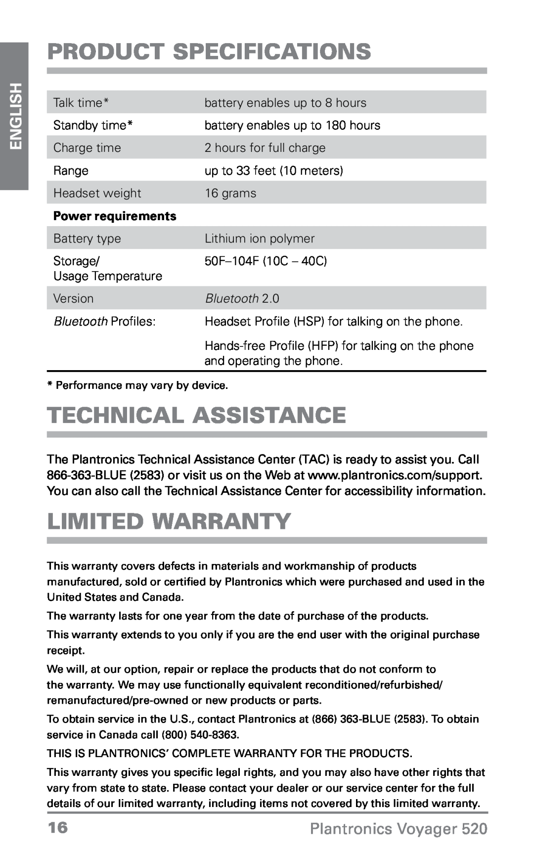 Plantronics 520 Product Specifications, Technical Assistance, Limited Warranty, Power requirements, Bluetooth, English 