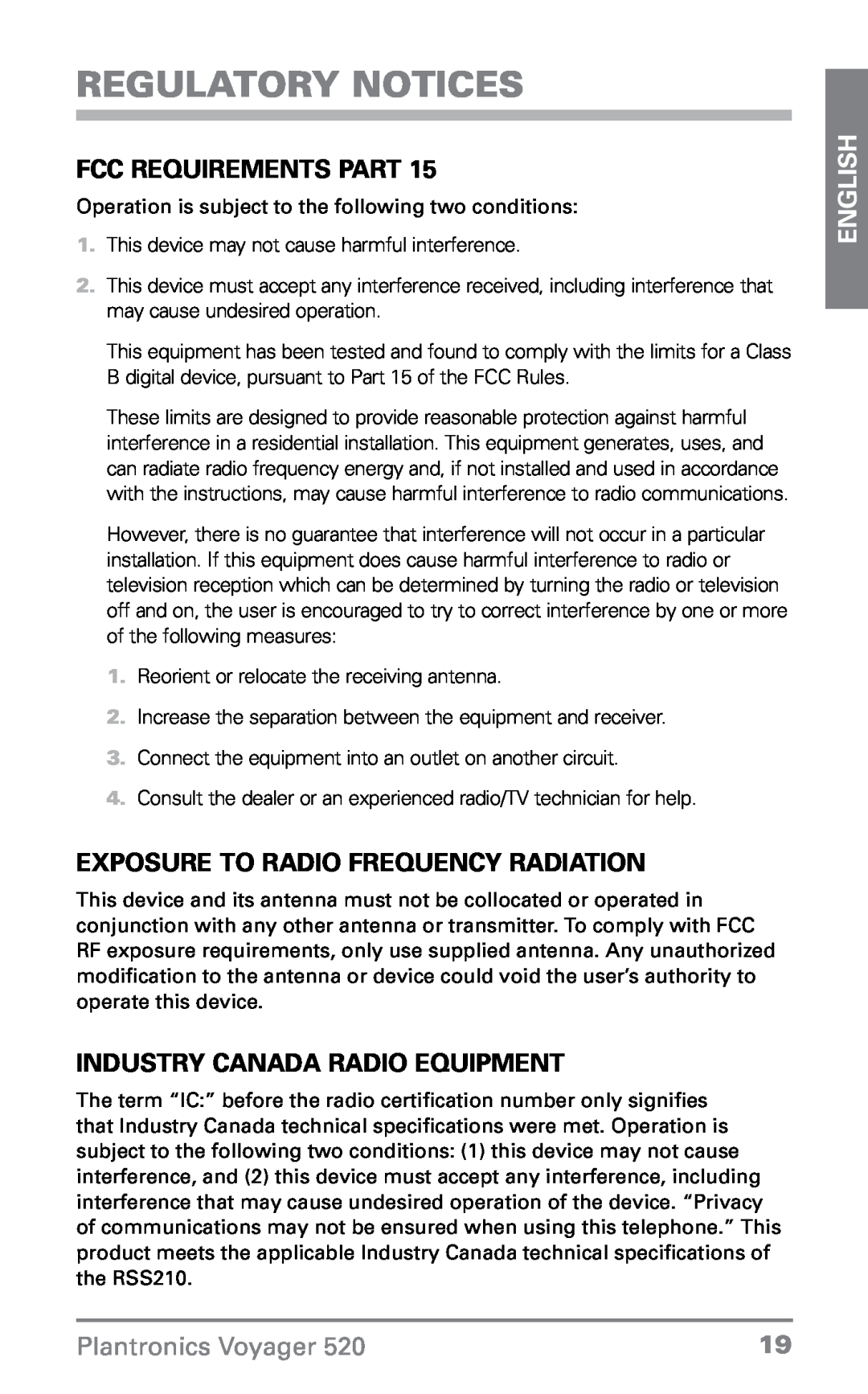 Plantronics 520 manual Regulatory Notices, FCC Requirements Part, Exposure To Radio Frequency Radiation, English 