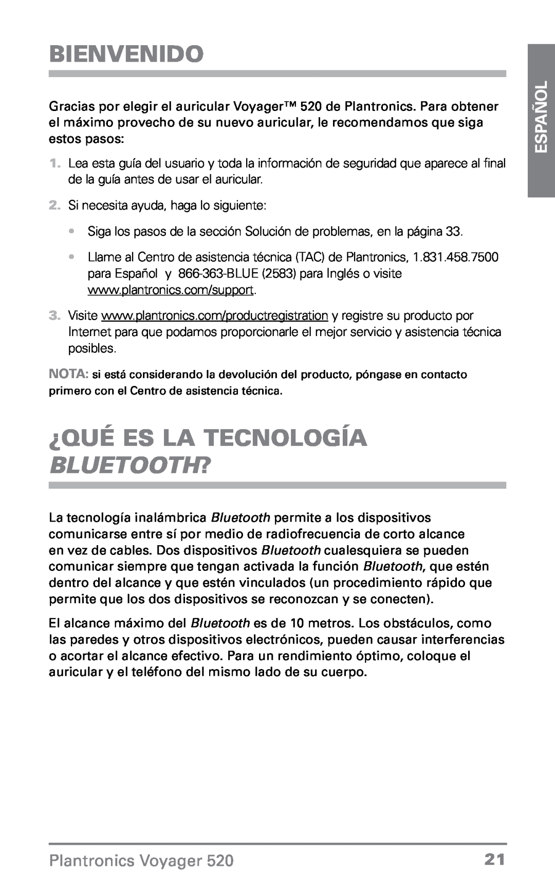 Plantronics 520 manual Bienvenido, ¿Qué es la tecnología Bluetooth?, Español, Plantronics Voyager 