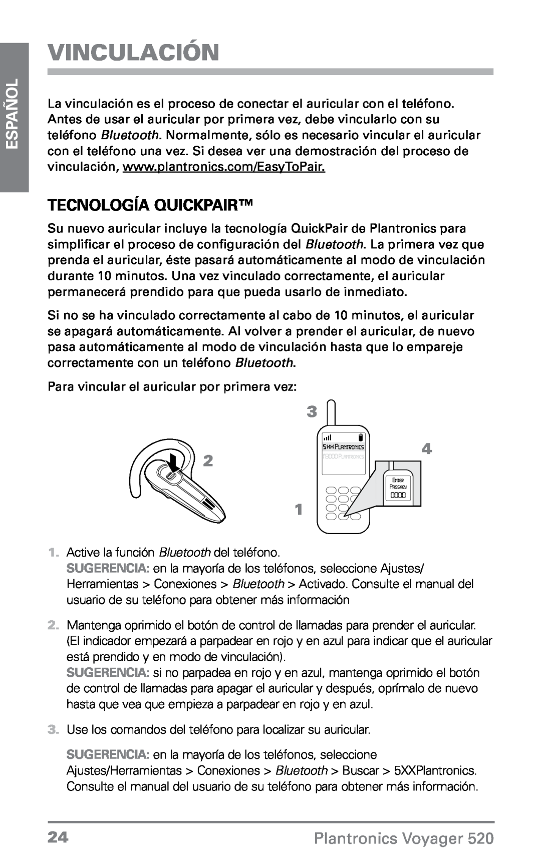 Plantronics 520 manual Vinculación, Tecnología QuickPair, Español, Plantronics Voyager 