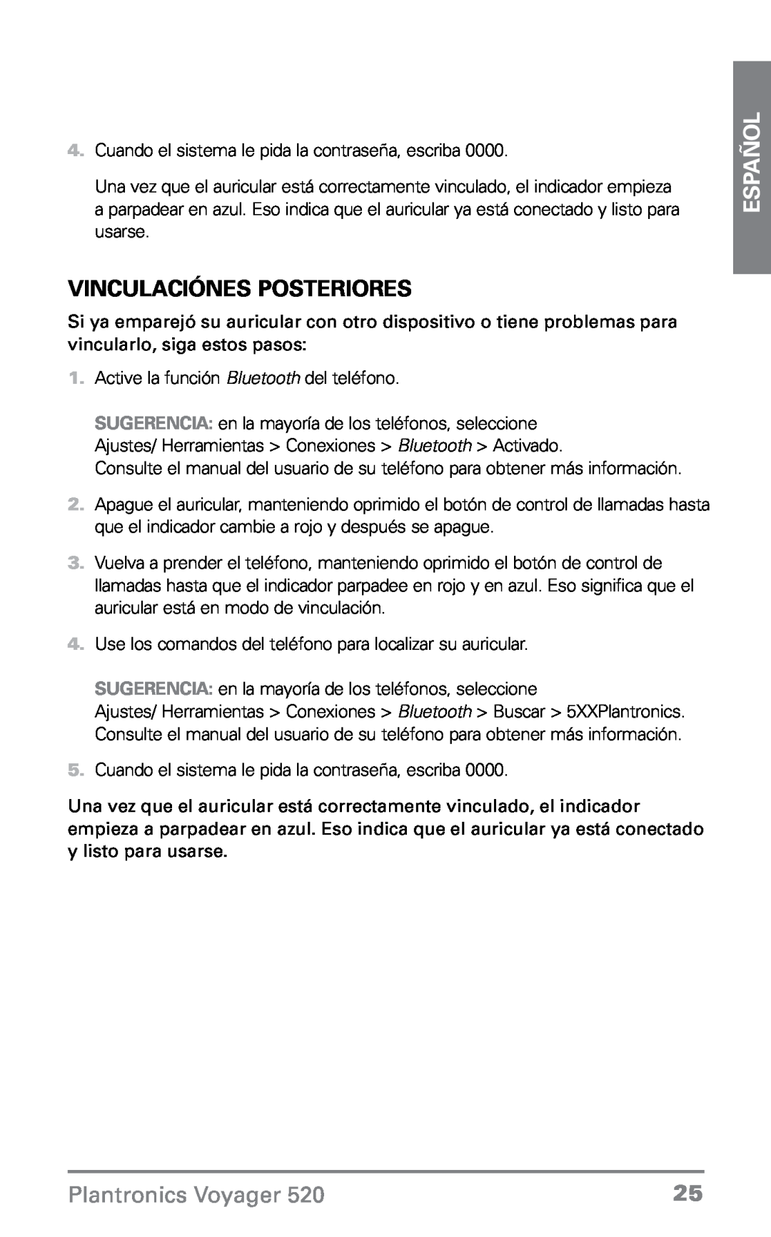 Plantronics 520 manual Vinculaciónes posteriores, Español, Plantronics Voyager 