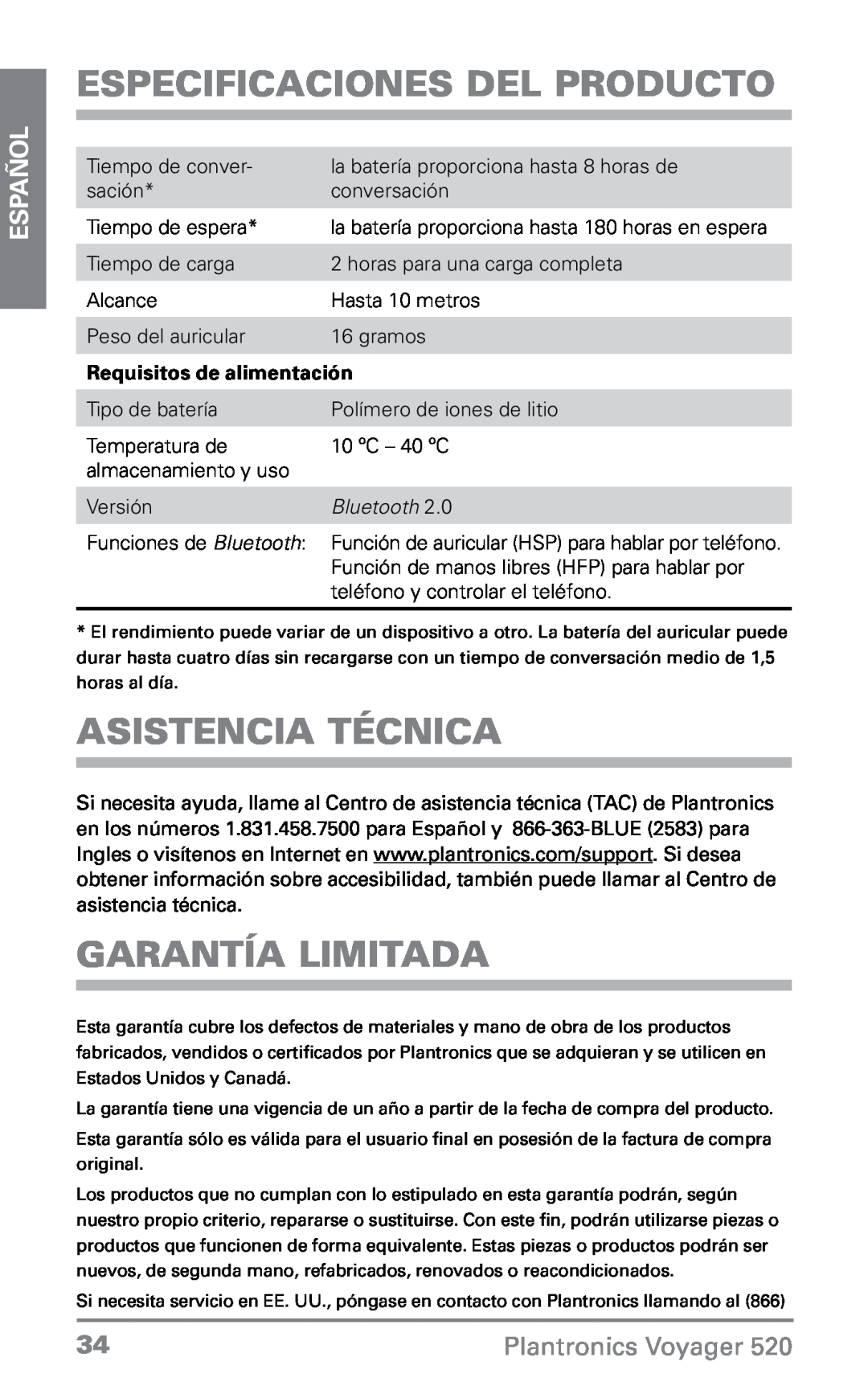 Plantronics 520 Especificaciones del Producto, Asistencia técnica, Garantía limitada, Requisitos de alimentación, Español 