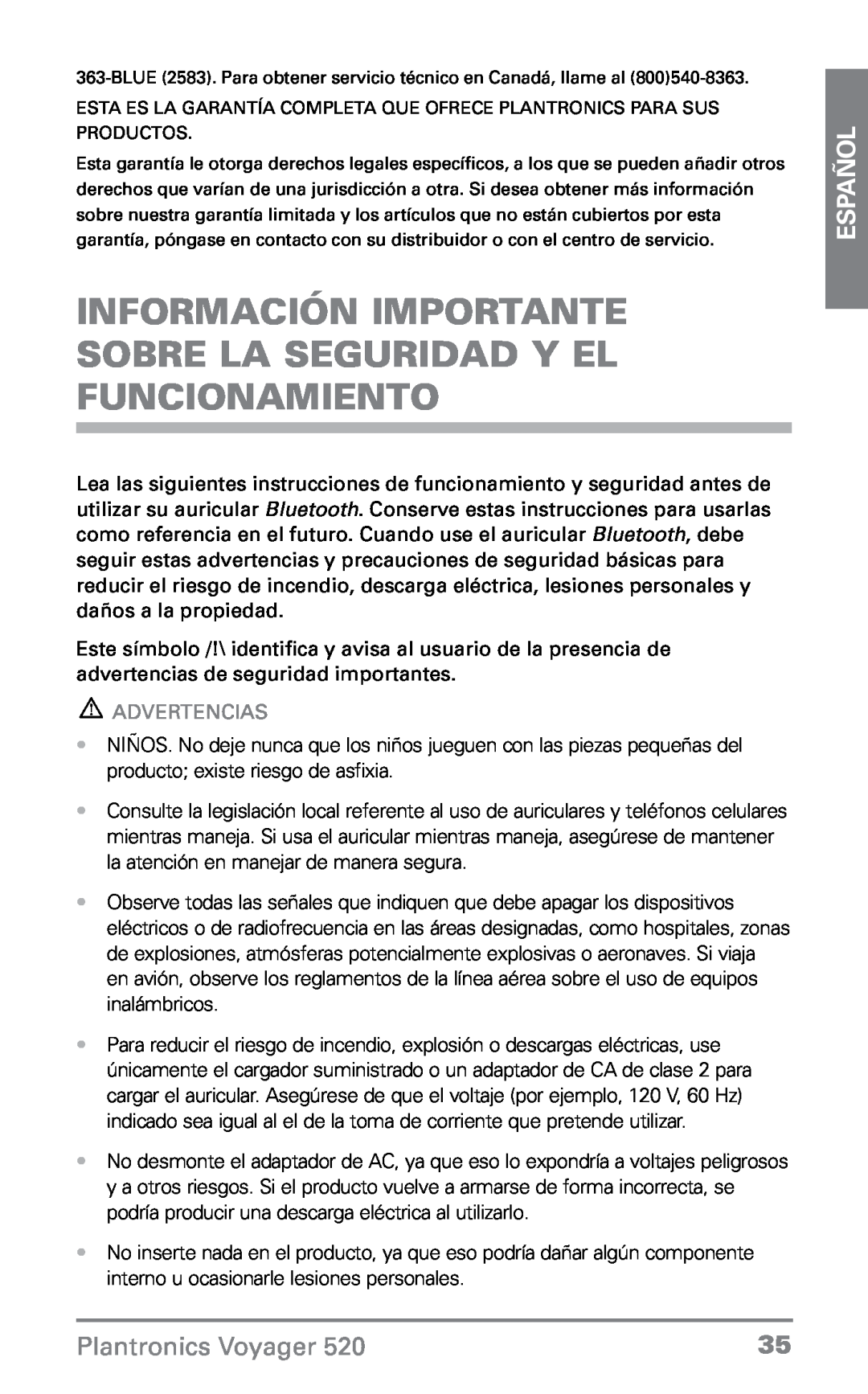 Plantronics 520 manual Advertencias, Español, Plantronics Voyager 